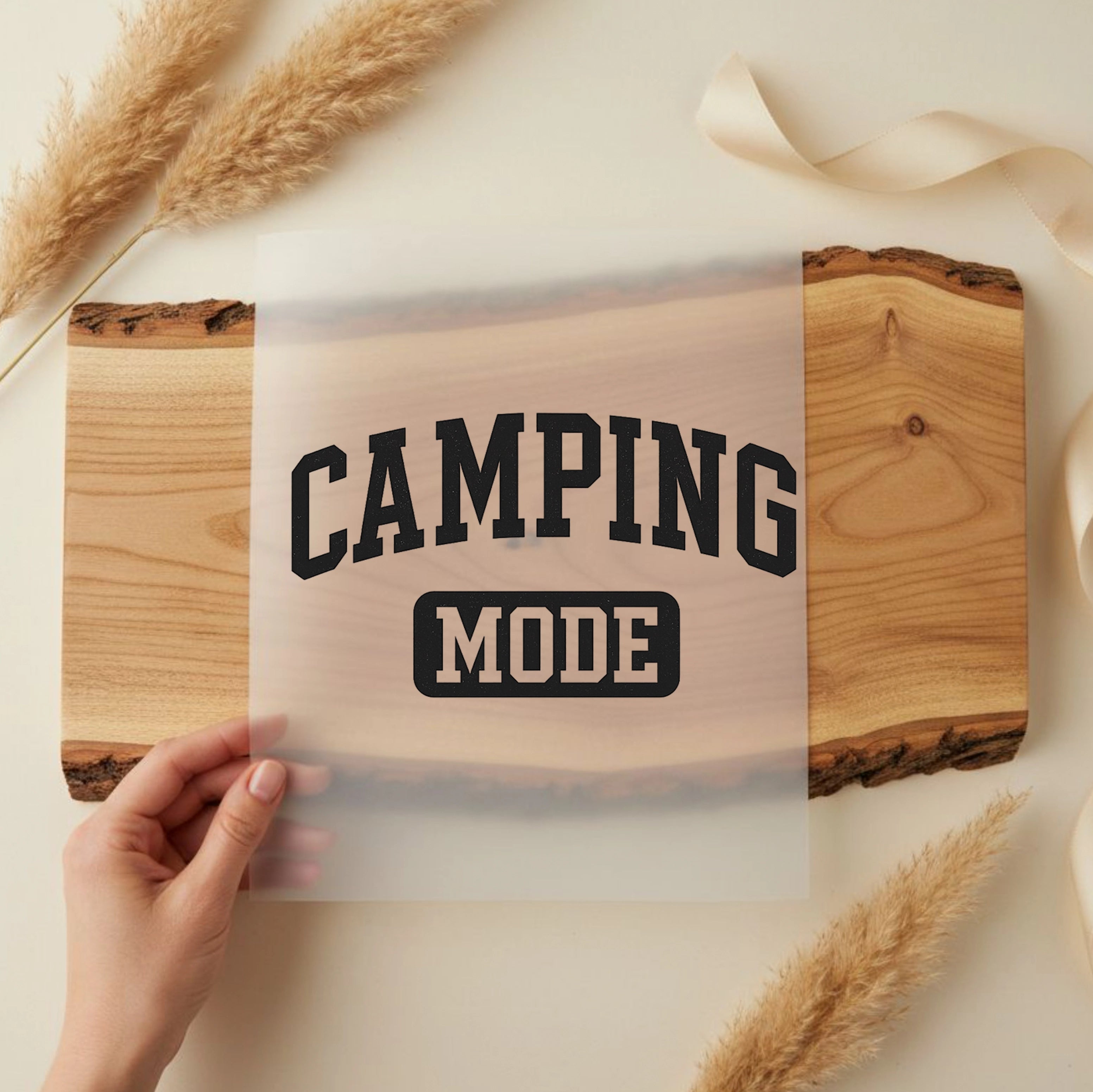 Bügelbild Schriftzug Camping Mode schwarz