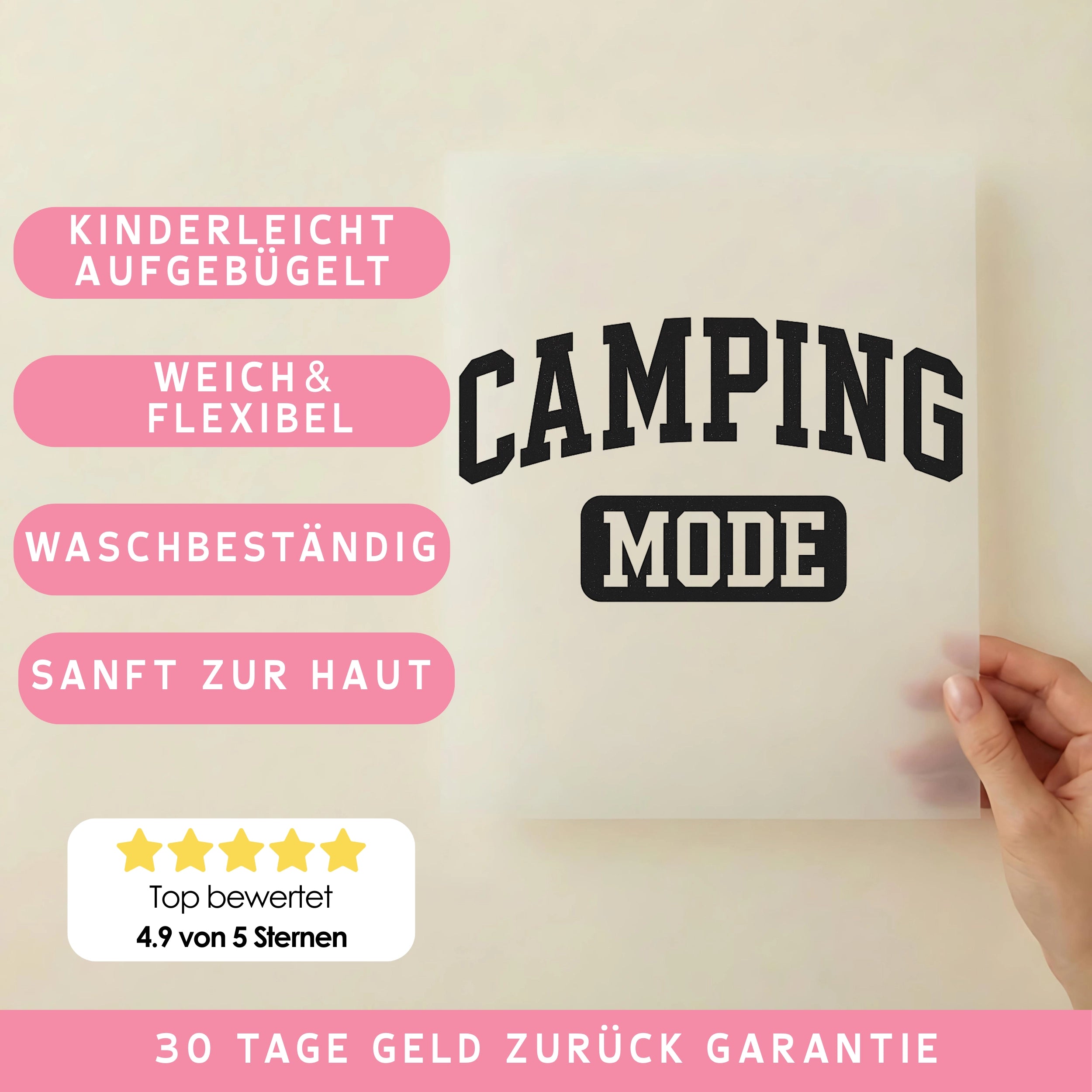 Bügelbild Schriftzug Camping Mode schwarz