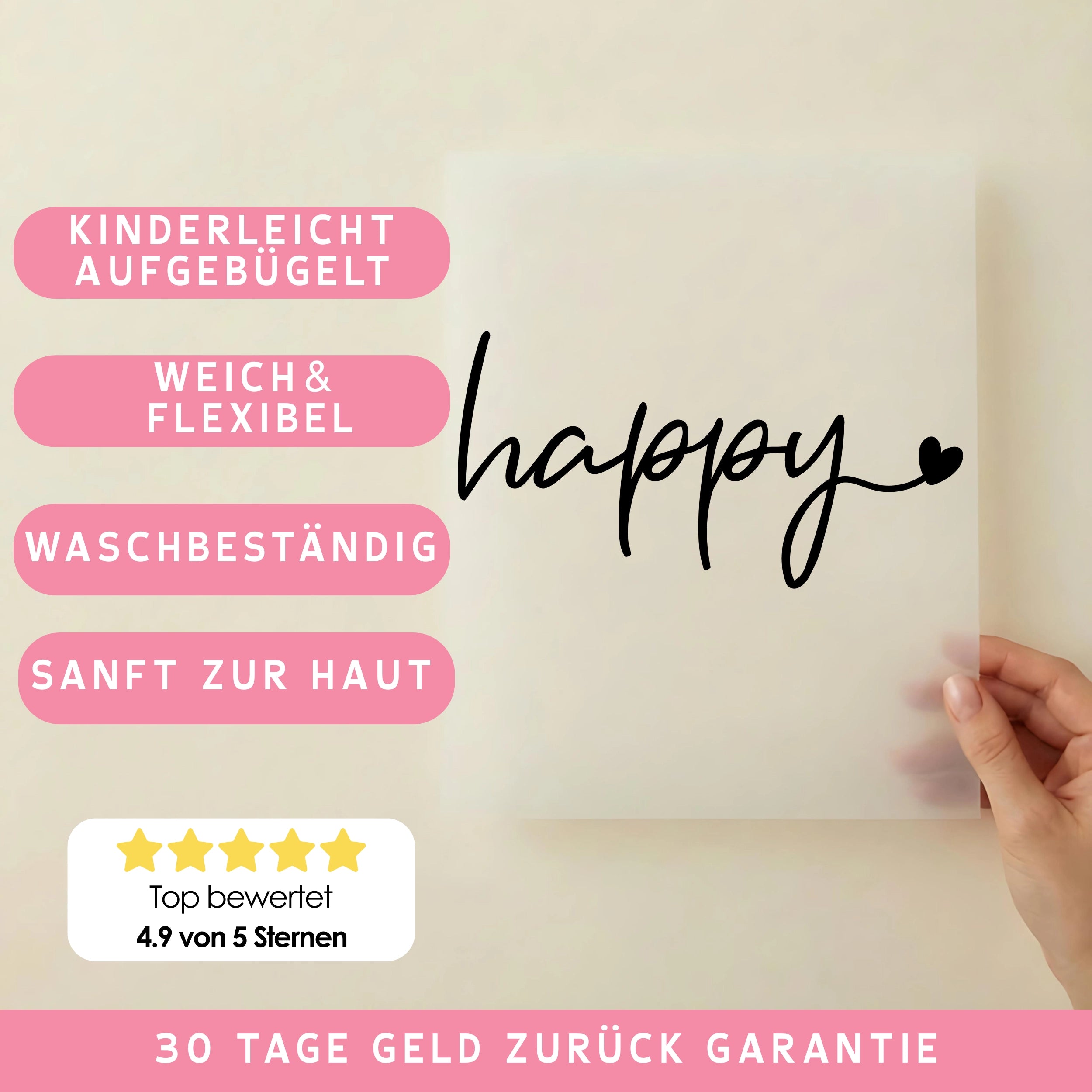 Bügelbild Schriftzug Happy