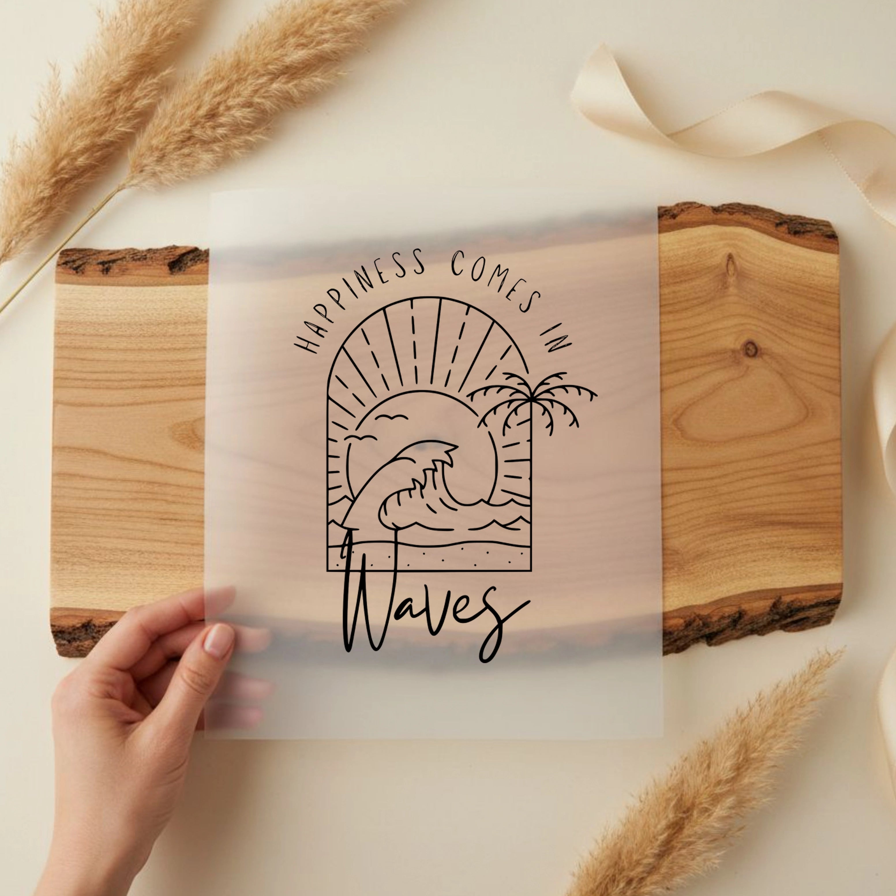 Bügelbild Schriftzug happiness comes in waves