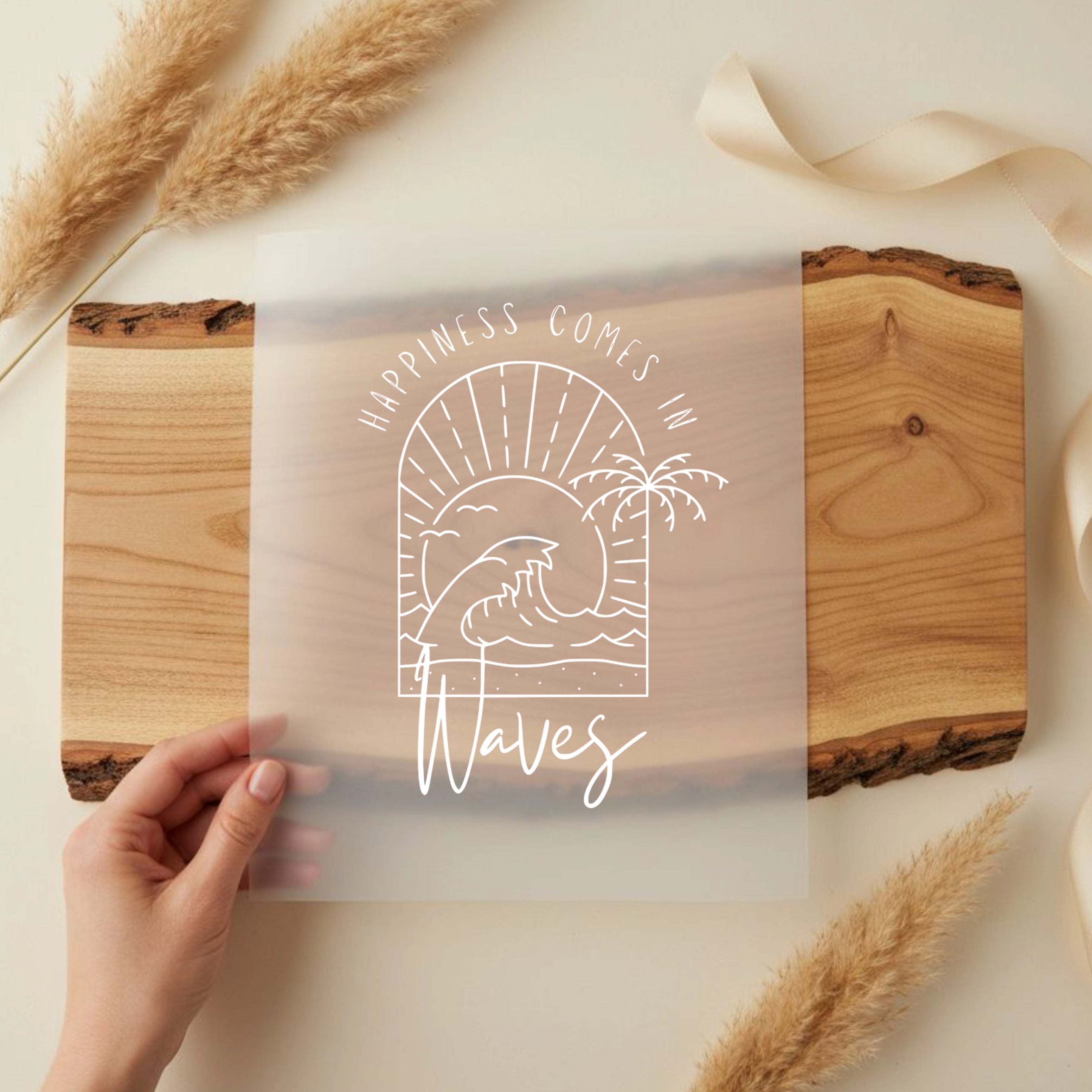 Bügelbild Schriftzug happiness comes in waves