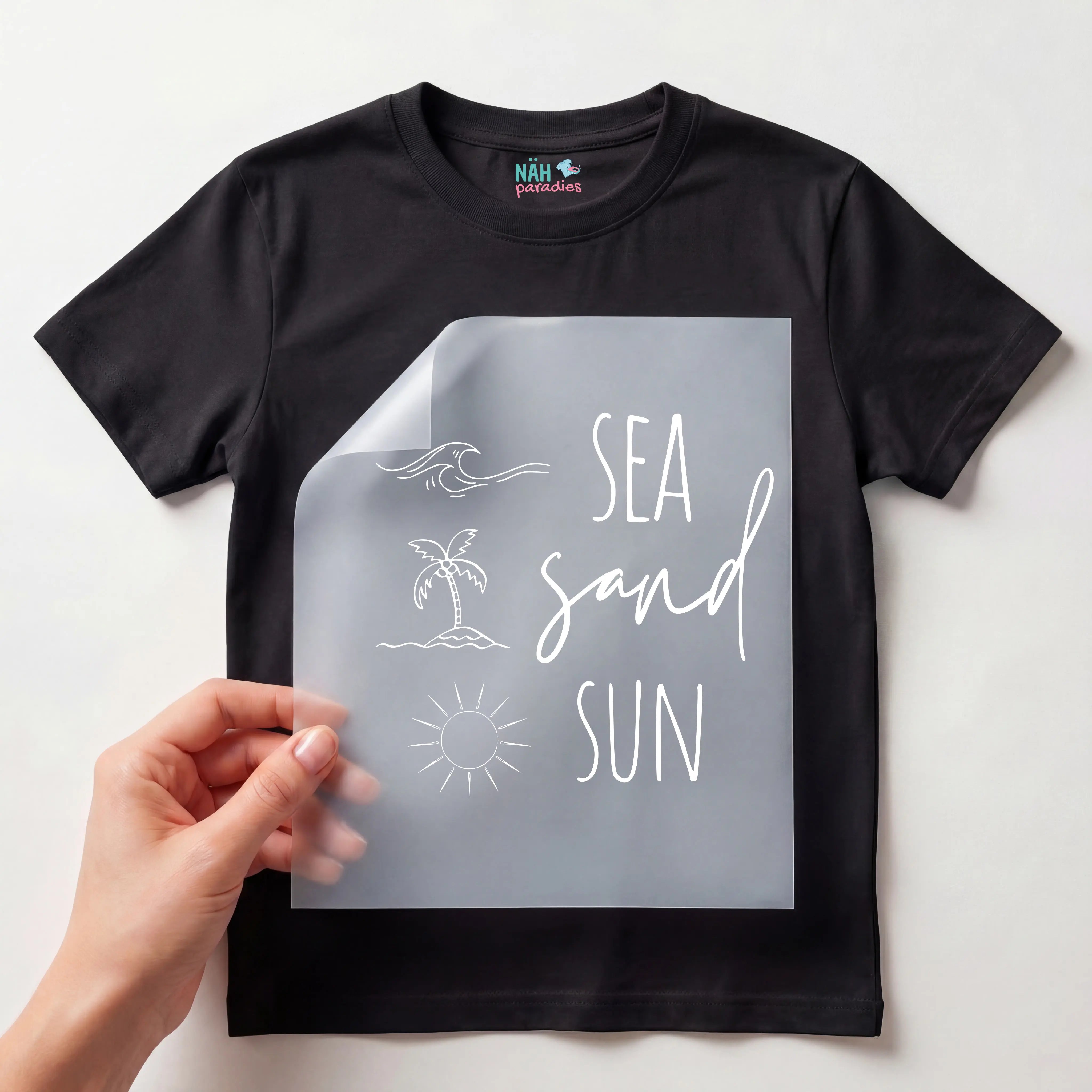 Bügelbild Schriftzug sea sand sun