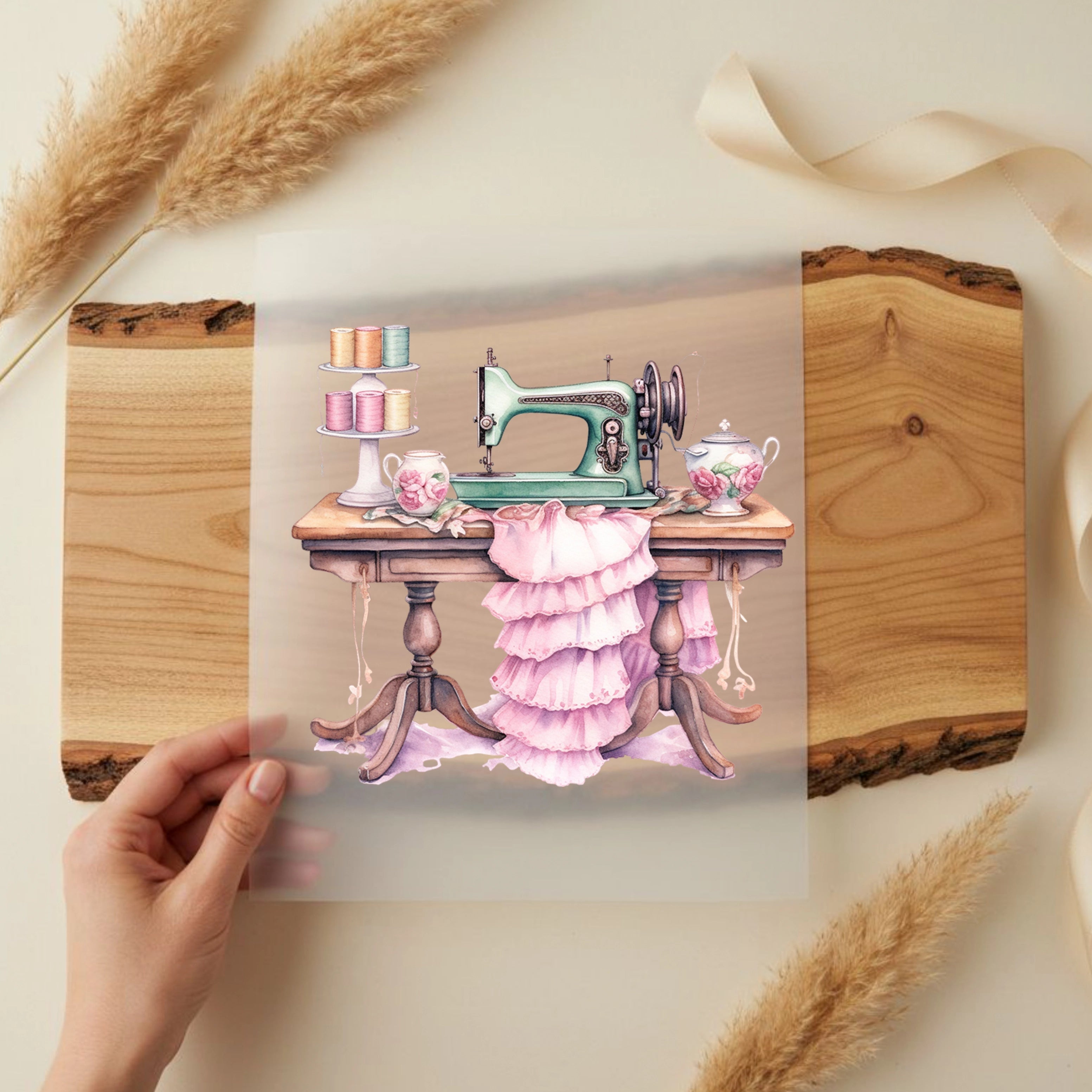 Bügelbild Nähmaschine Vintage Kleid