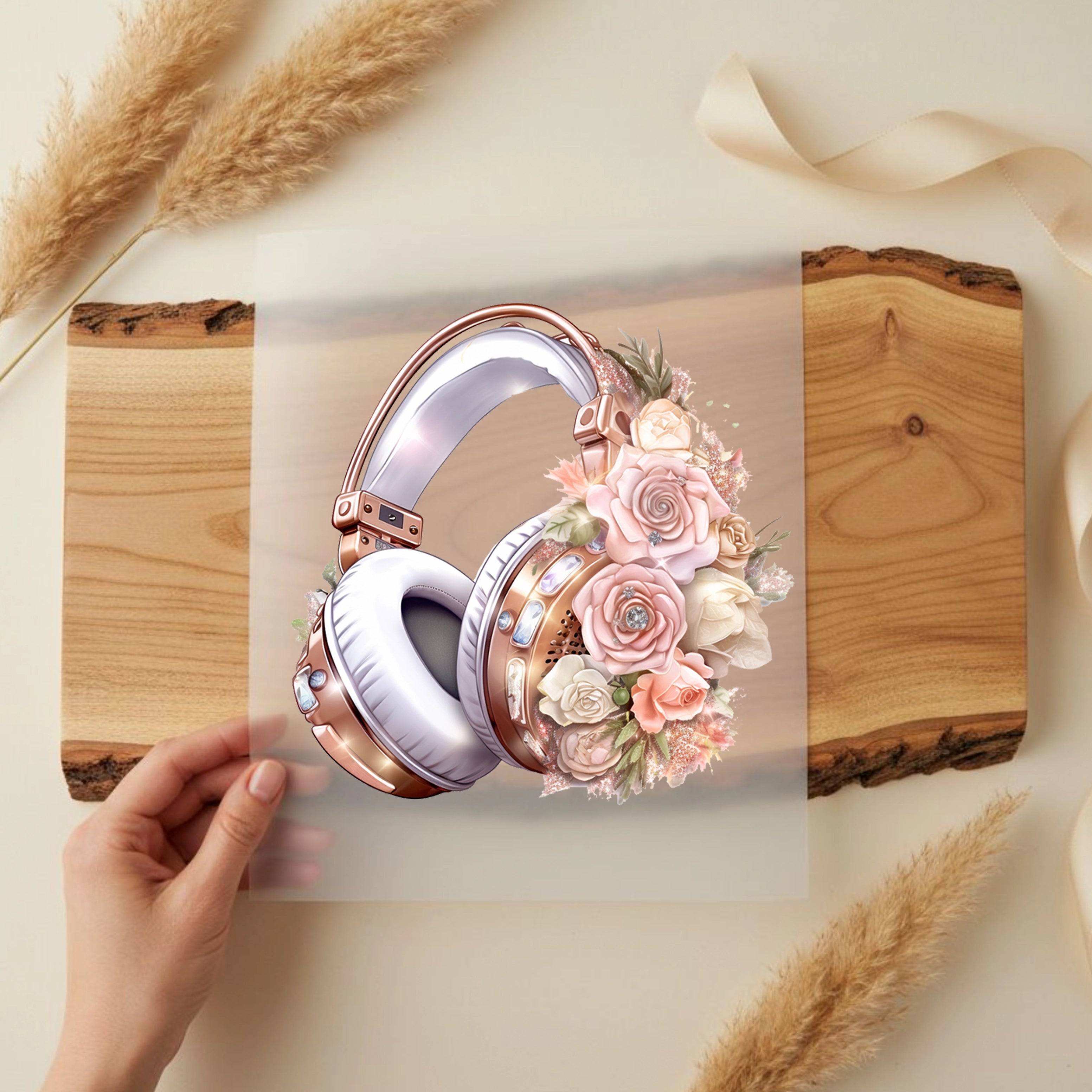 Bügelbild Rosa Blumen Kopfhörer