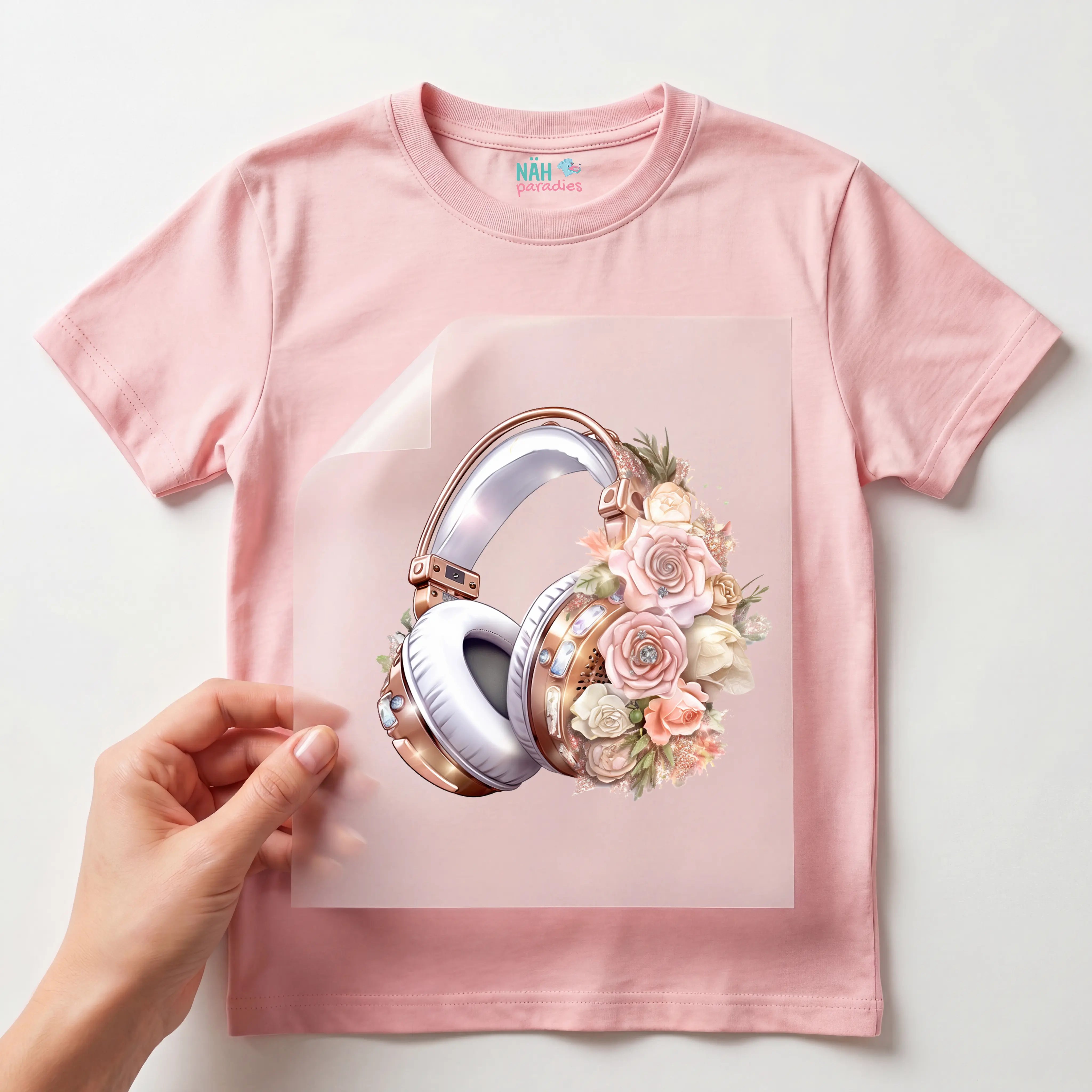 Bügelbild Rosa Blumen Kopfhörer