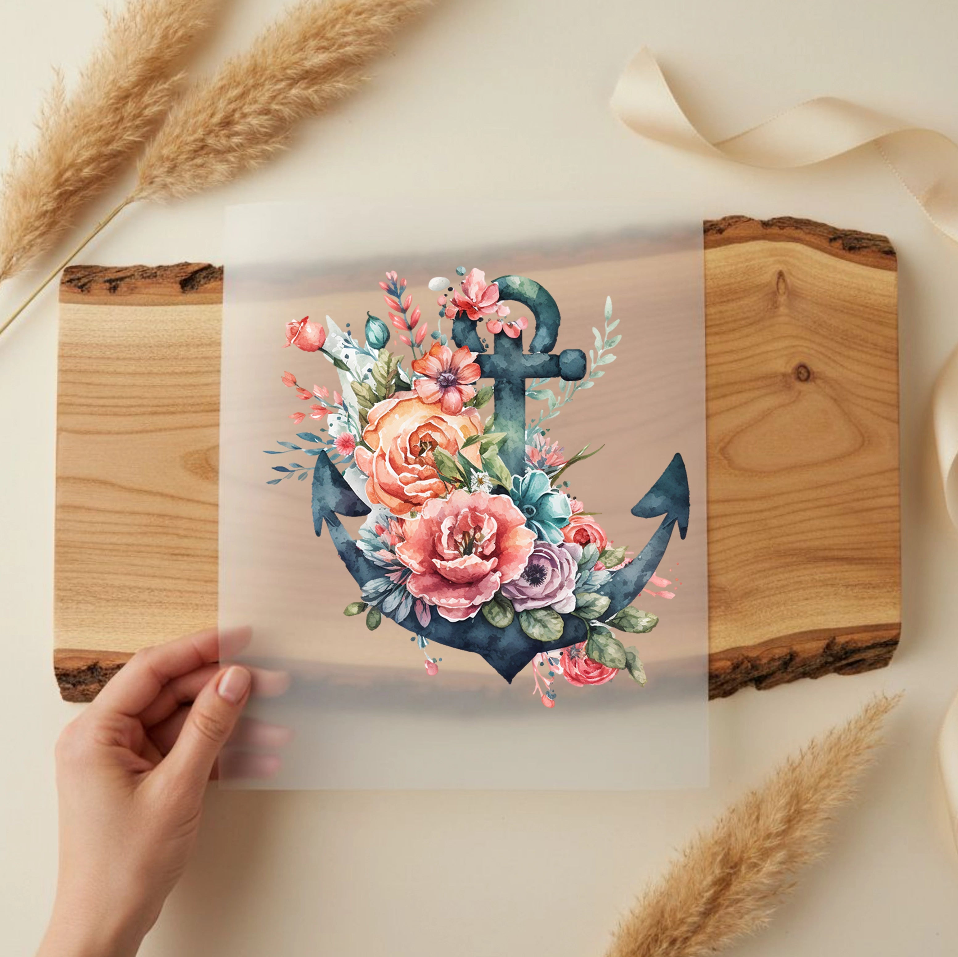 Bügelbild Aquarell Blüten Anker