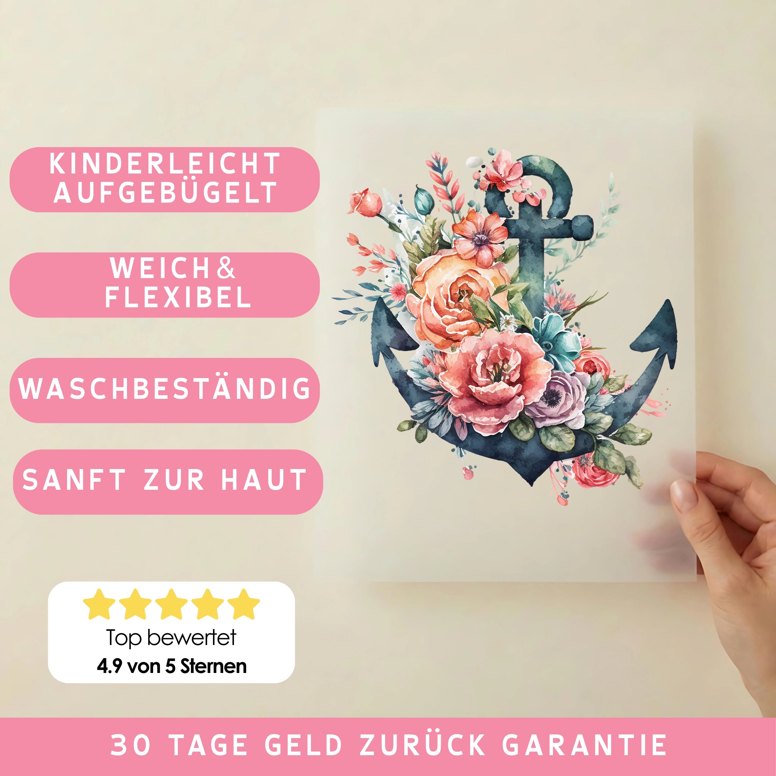 Bügelbild Aquarell Blüten Anker