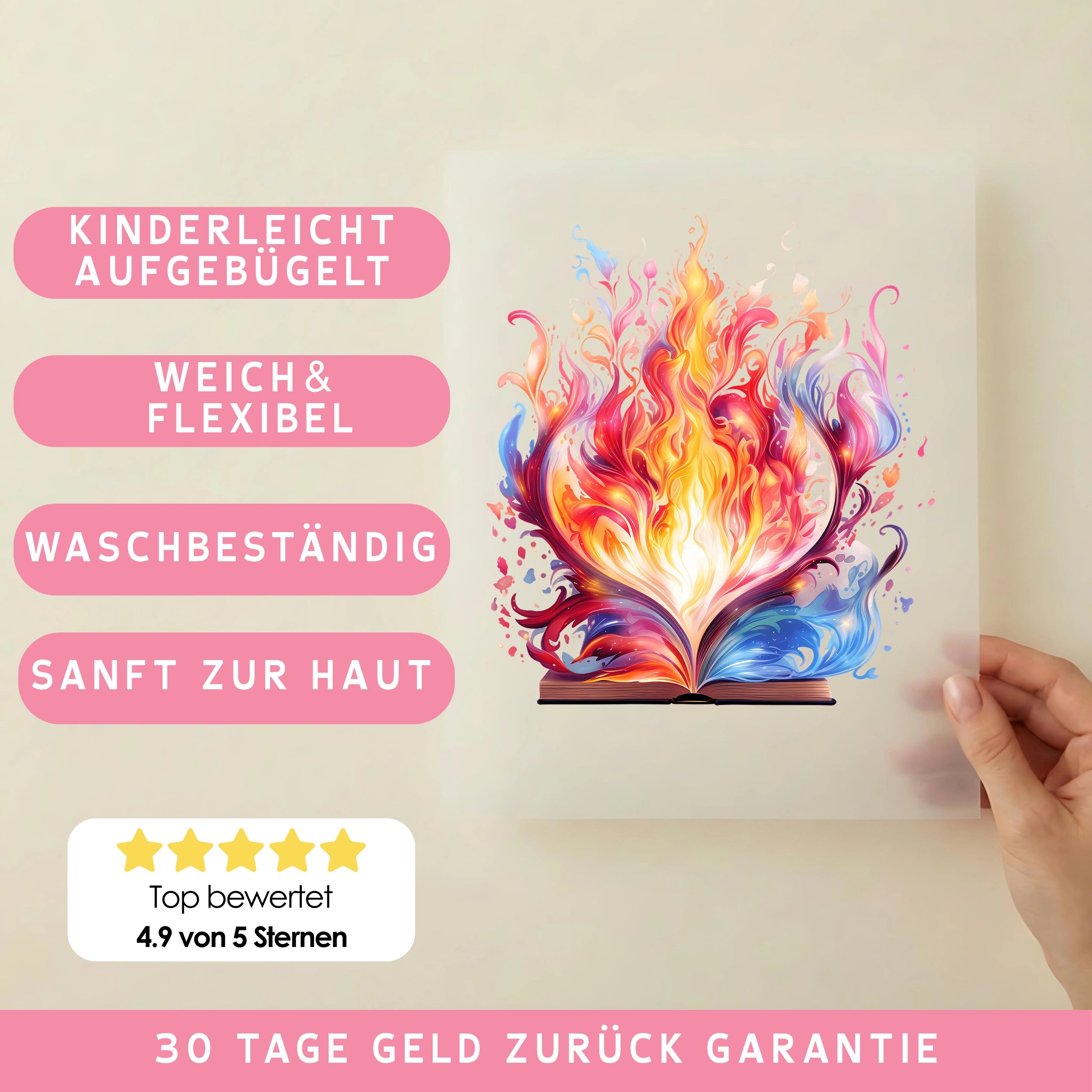 Bügelbild Buch Feuer der Fantasie
