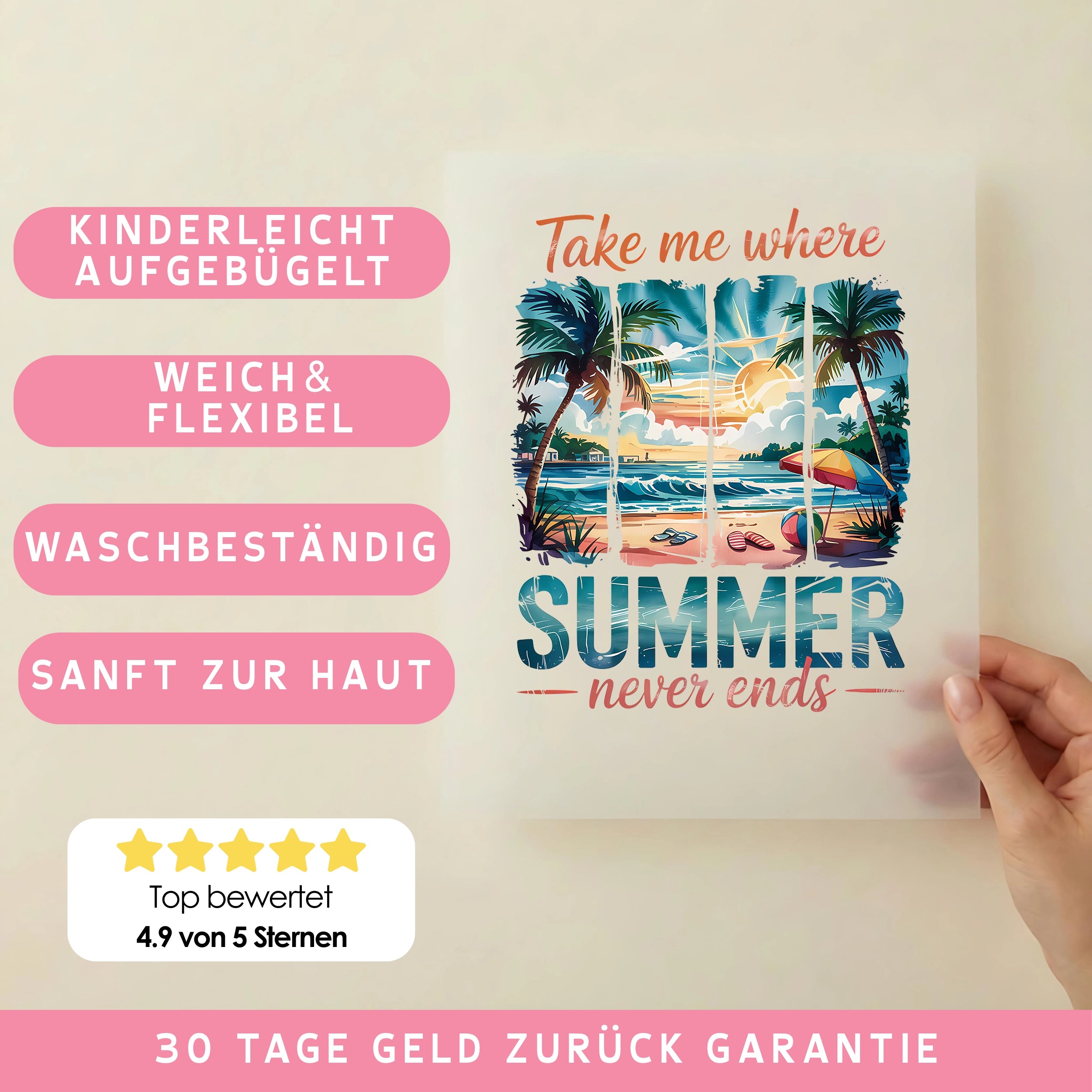 Bügelbild Summer never ends Blau