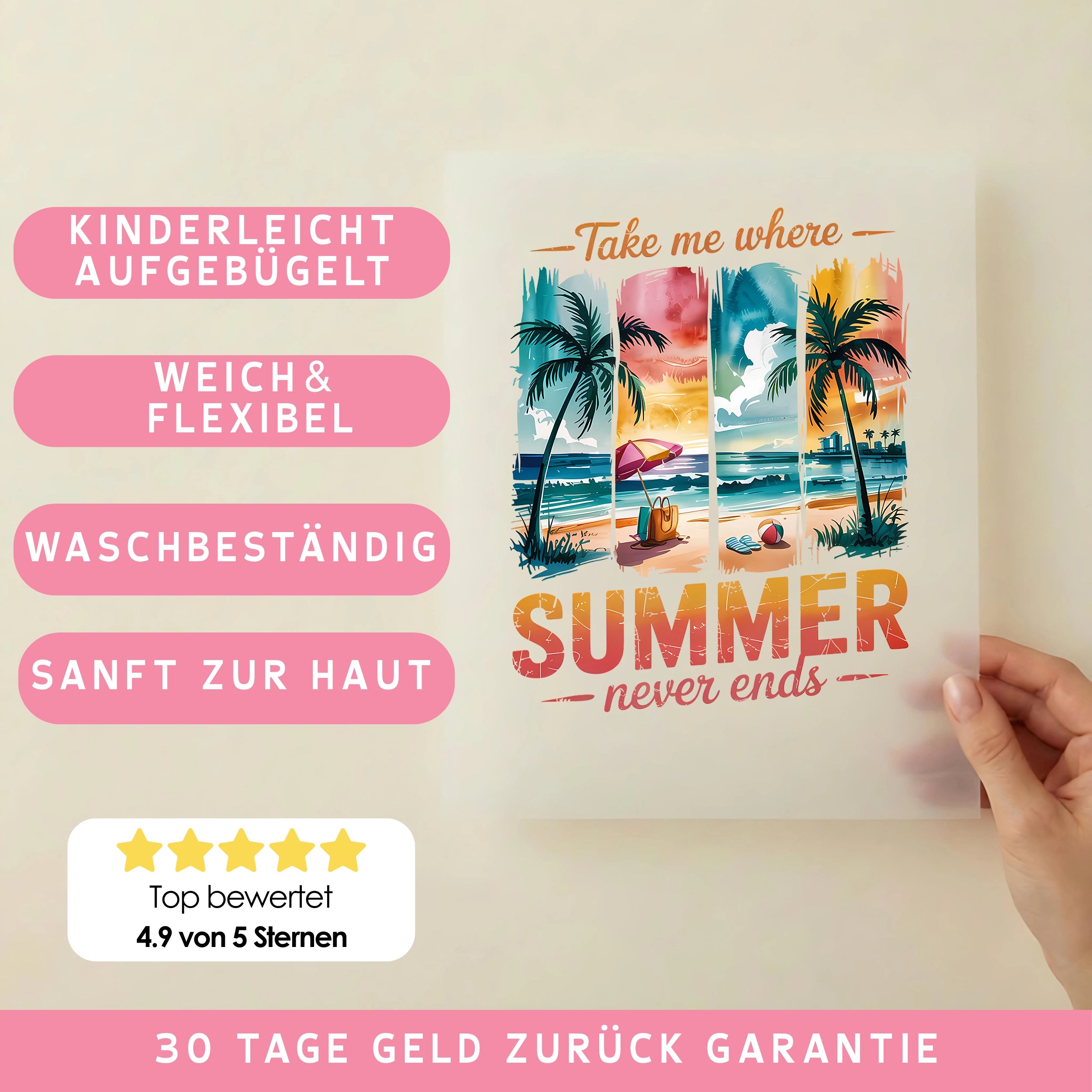 Bügelbild Summer never ends Rot