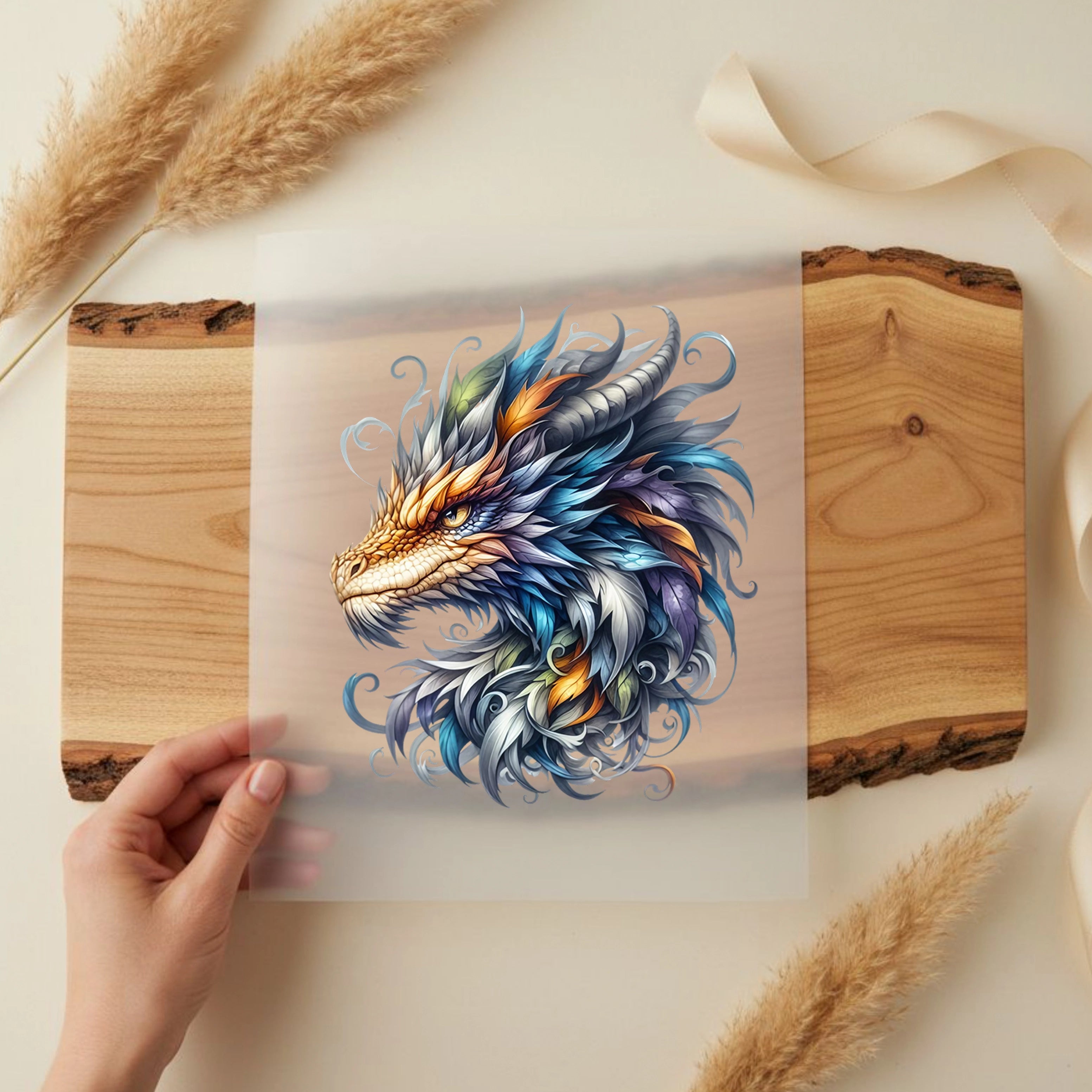 Bügelbild Drache Blaufeder