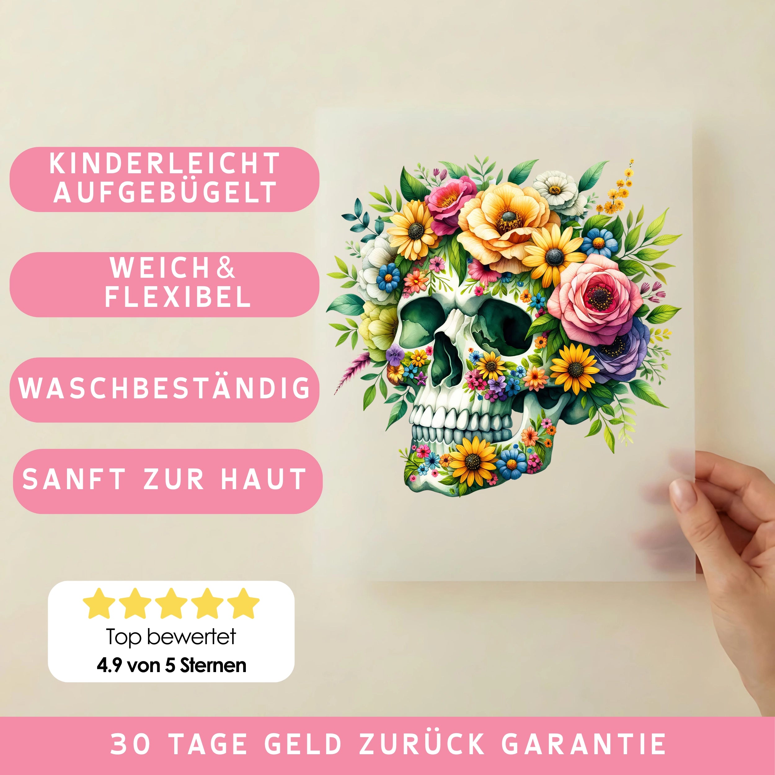Bügelbild Schädel Blühende Erinnerungen