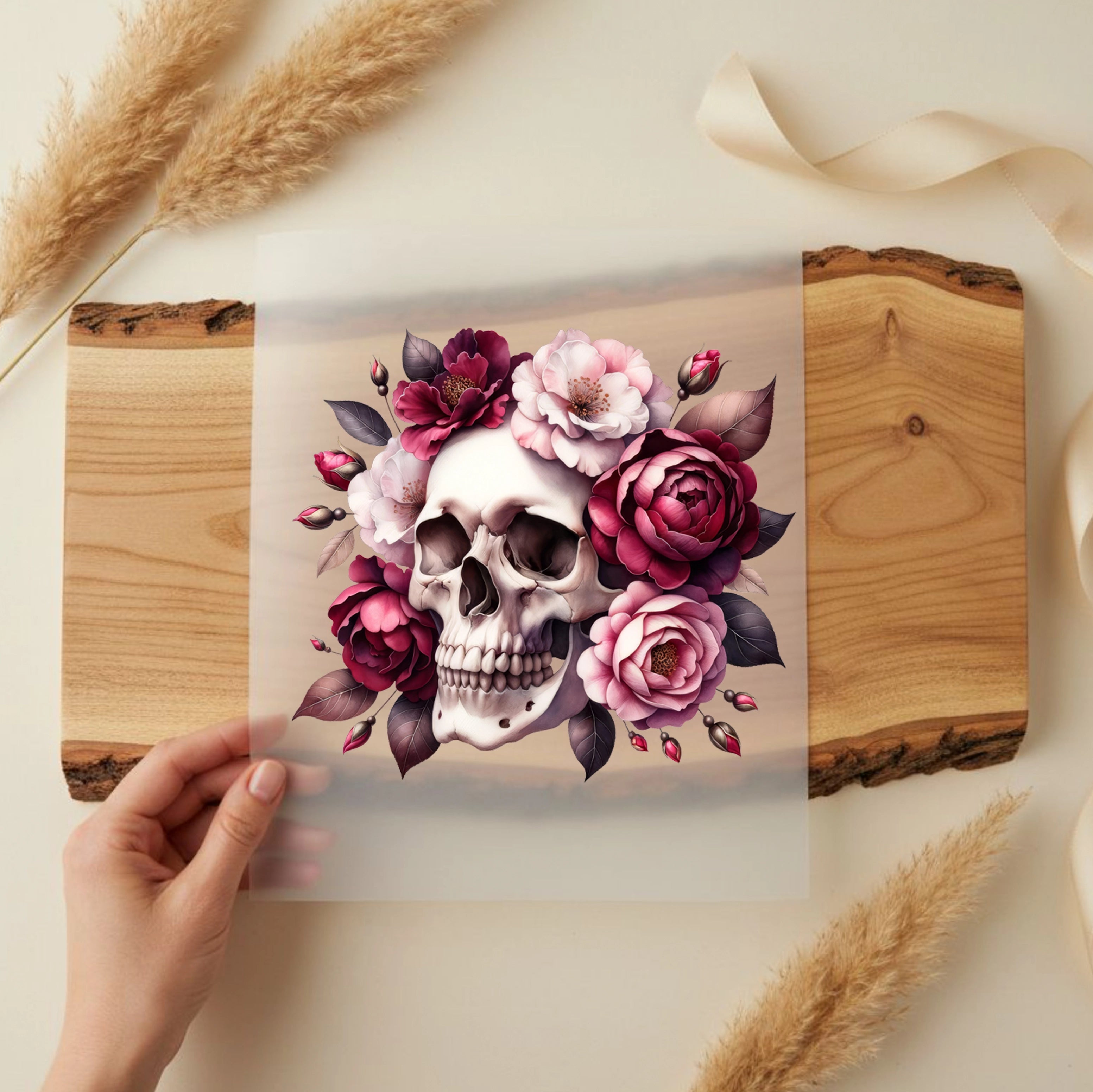 Bügelbild Schädel in Rosenpracht