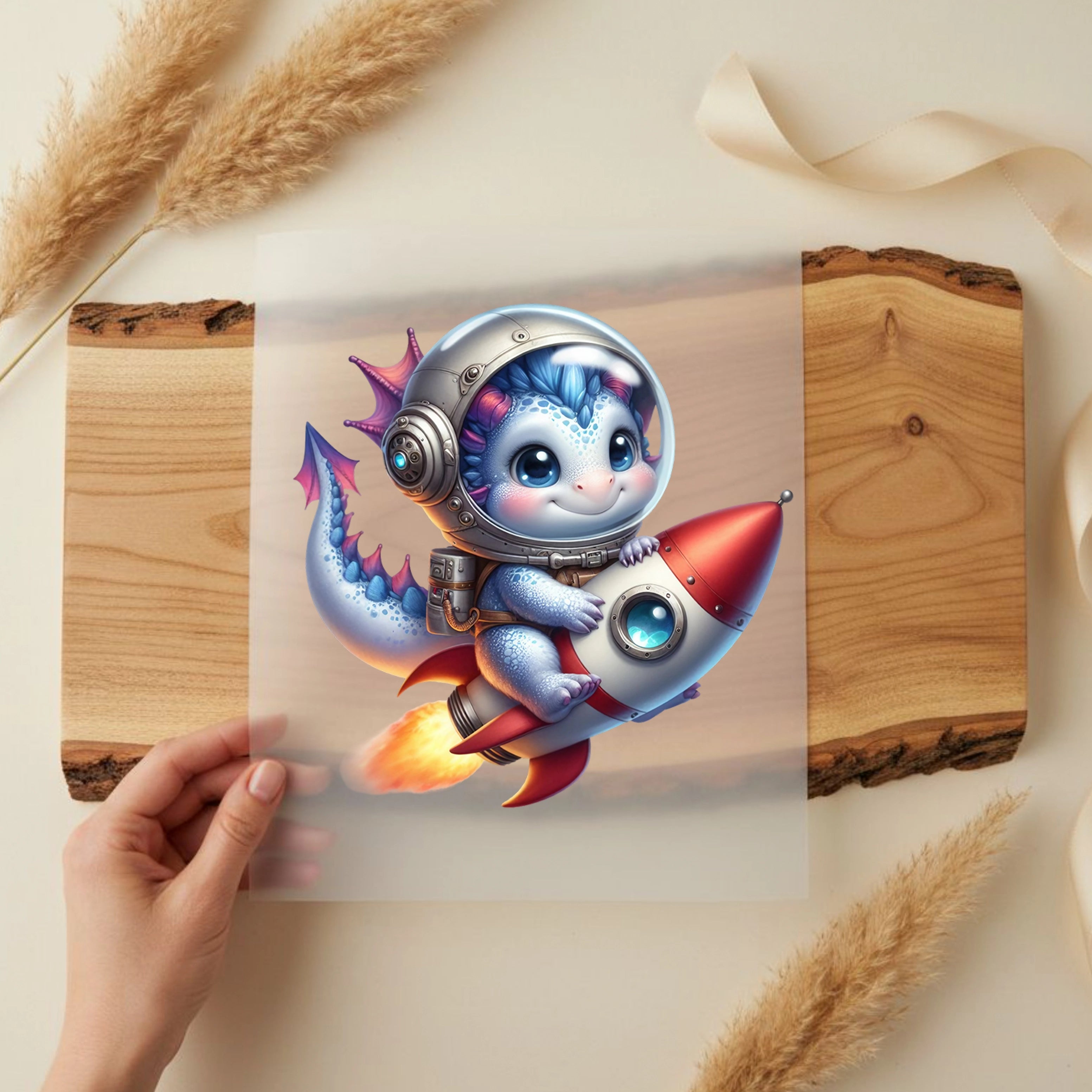 Bügelbild Astronauten Drache auf Mission