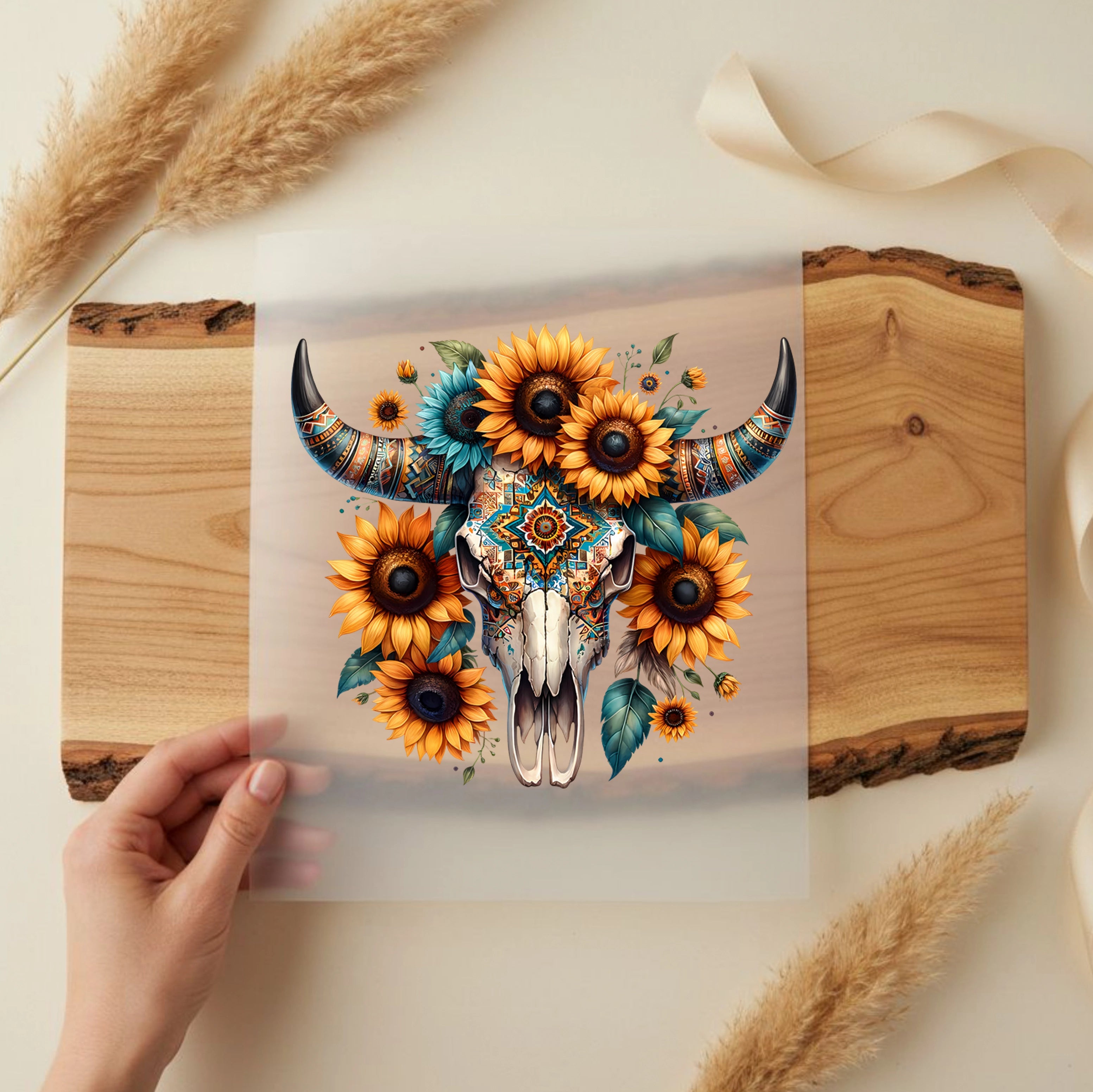 Bügelbild Boho Skull Sonnenblumenzauber