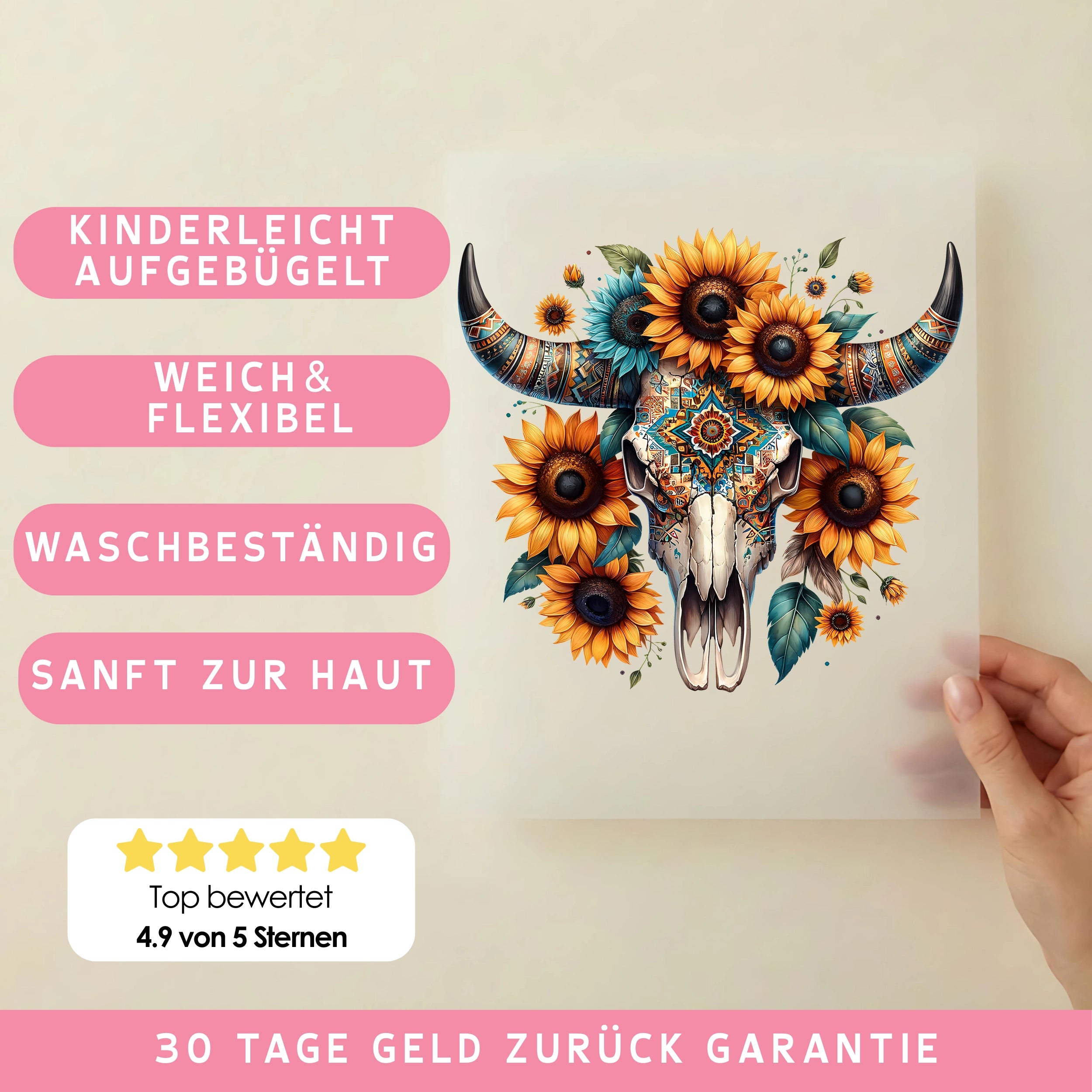 Bügelbild Boho Skull Sonnenblumenzauber