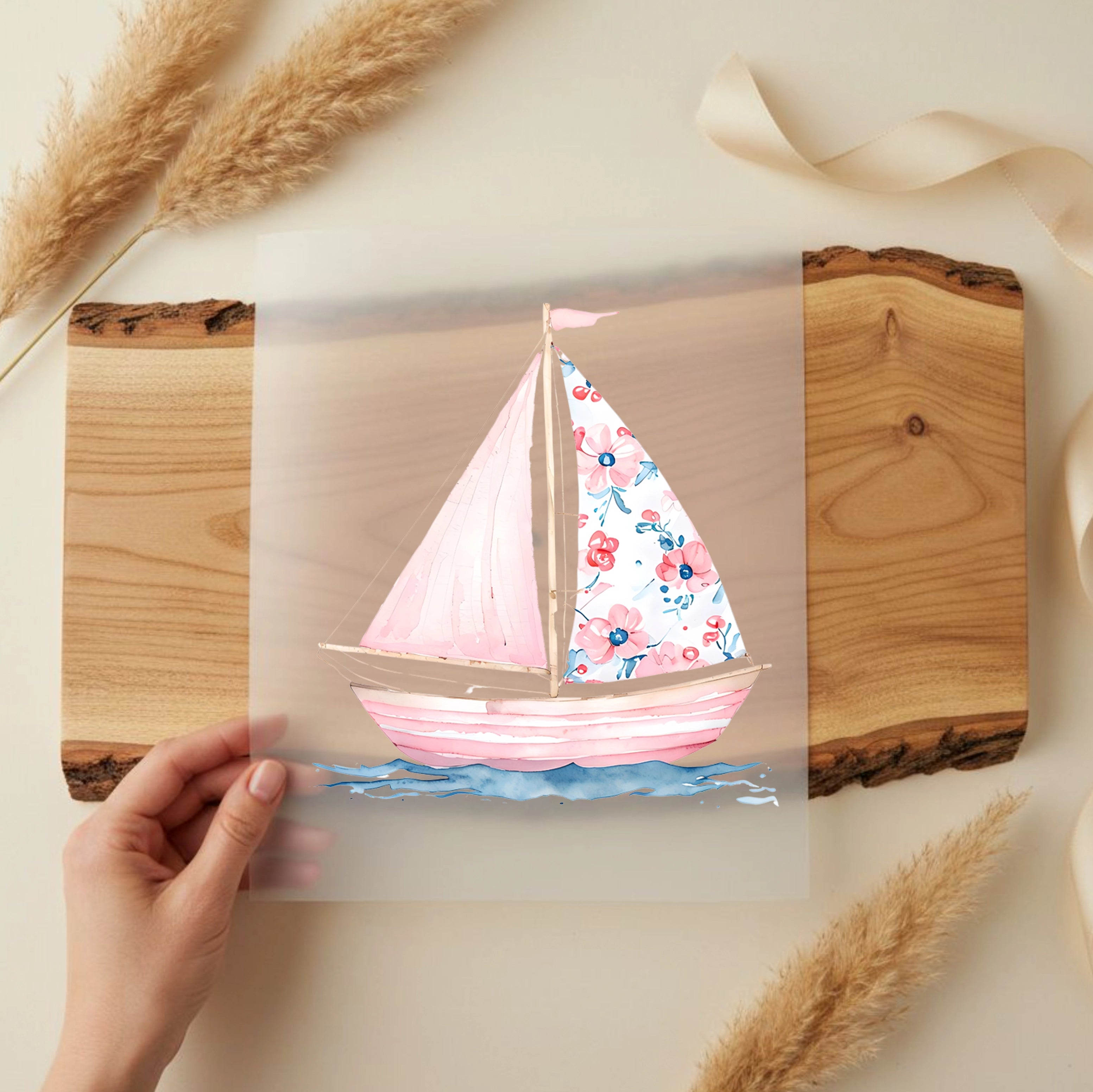 Bügelbild Aquarell Segelboot rosa