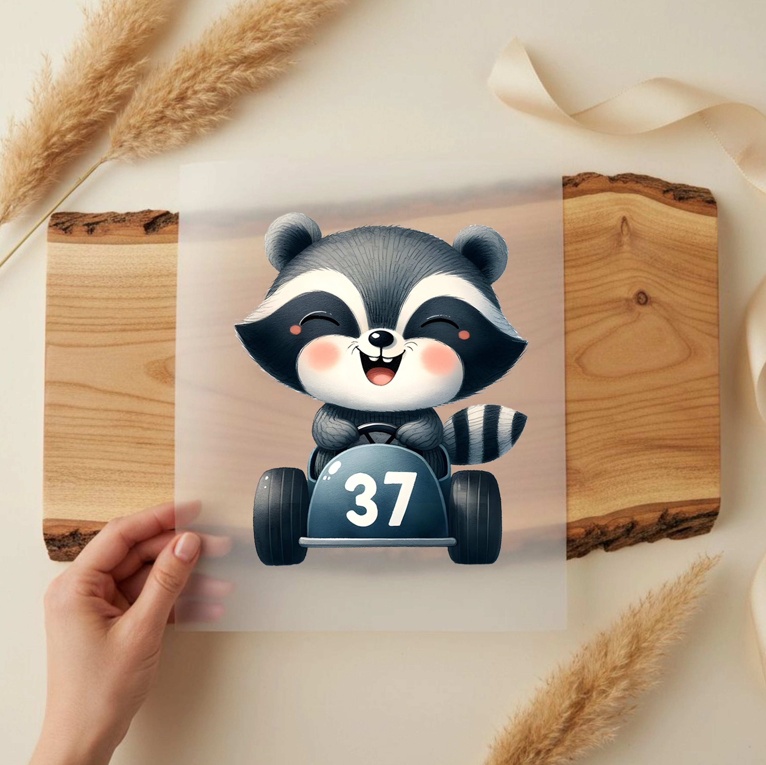 Bügelbild Rennfahrer Waschbär