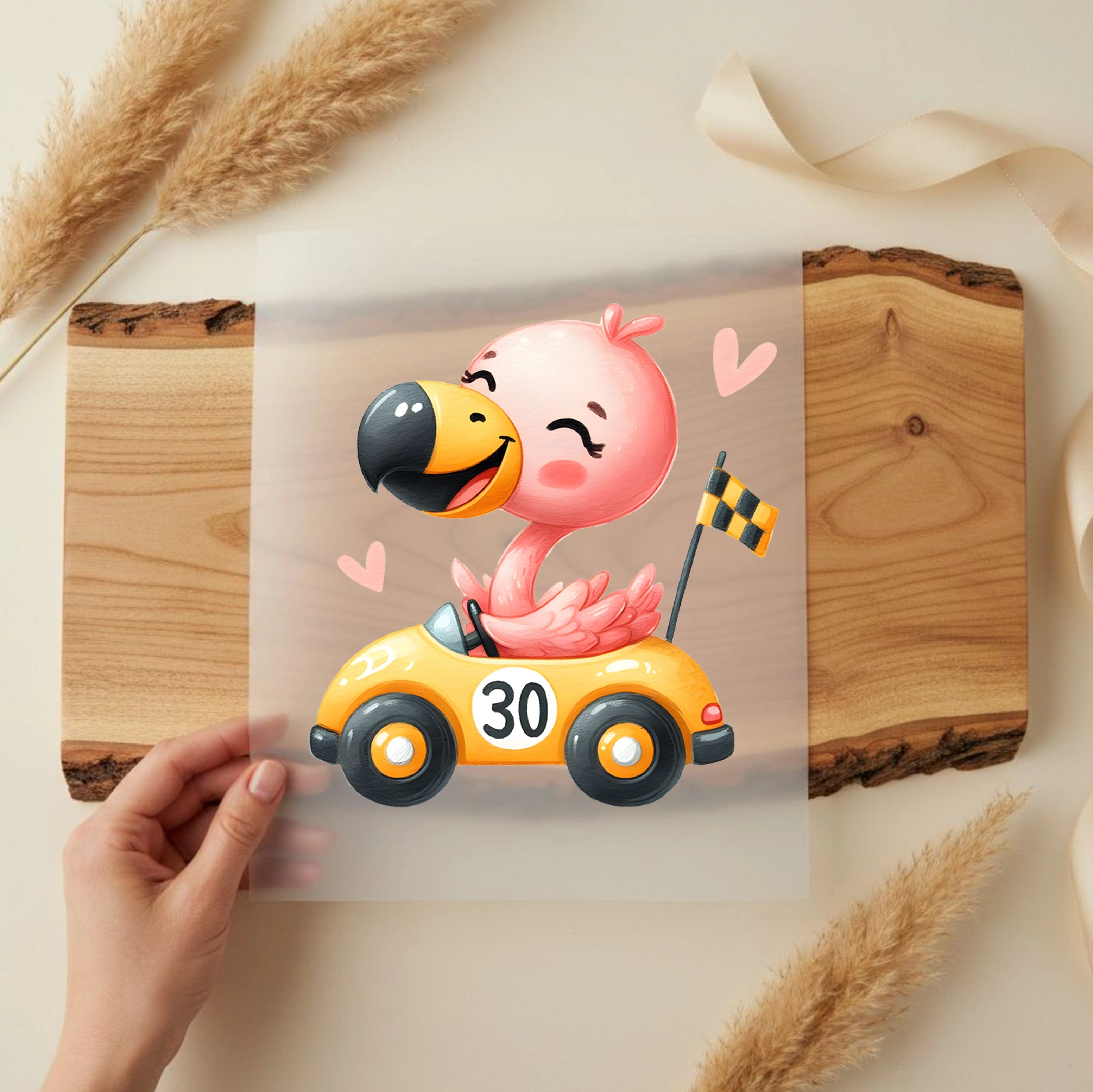 Bügelbild Rennfahrer Flamingo