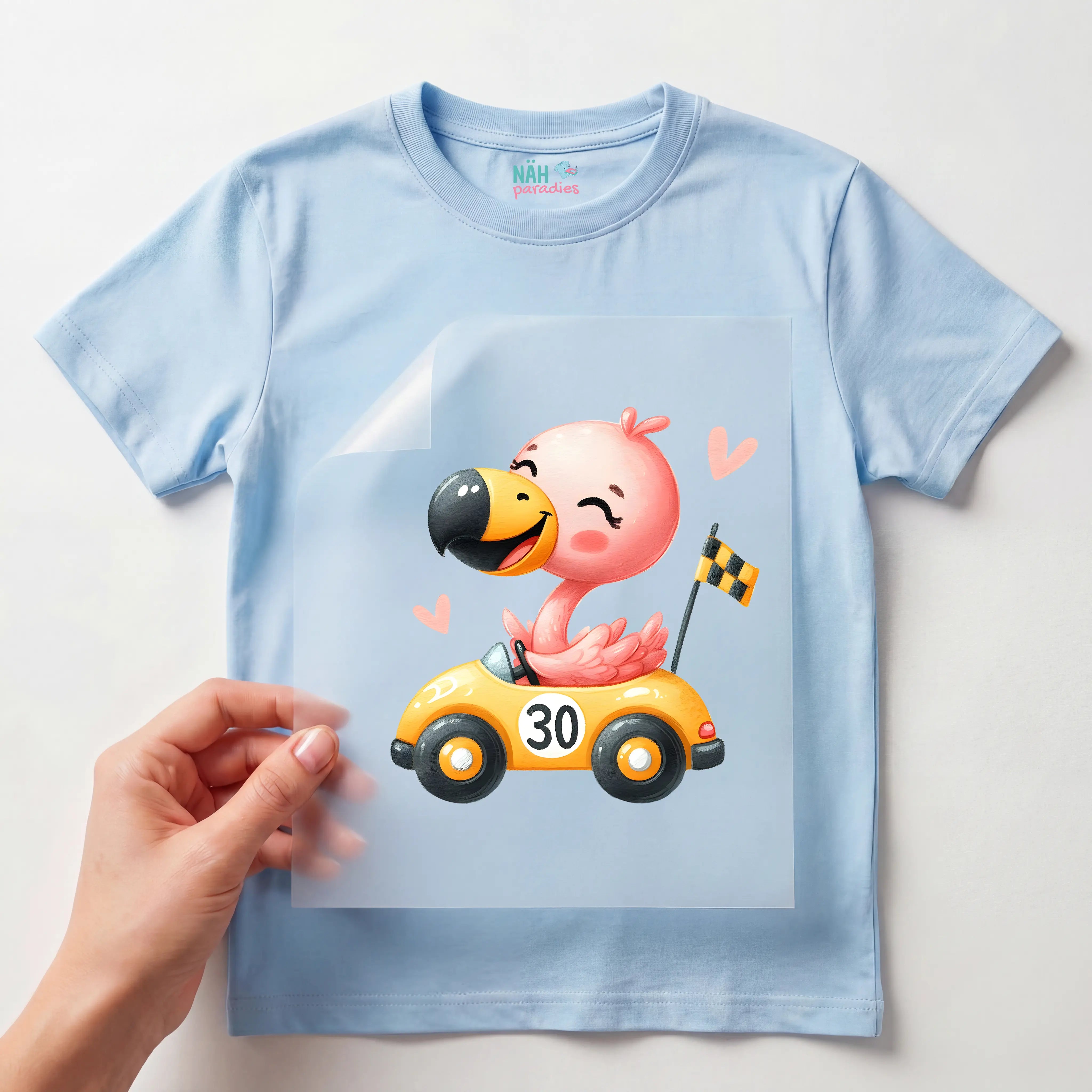 Bügelbild Rennfahrer Flamingo