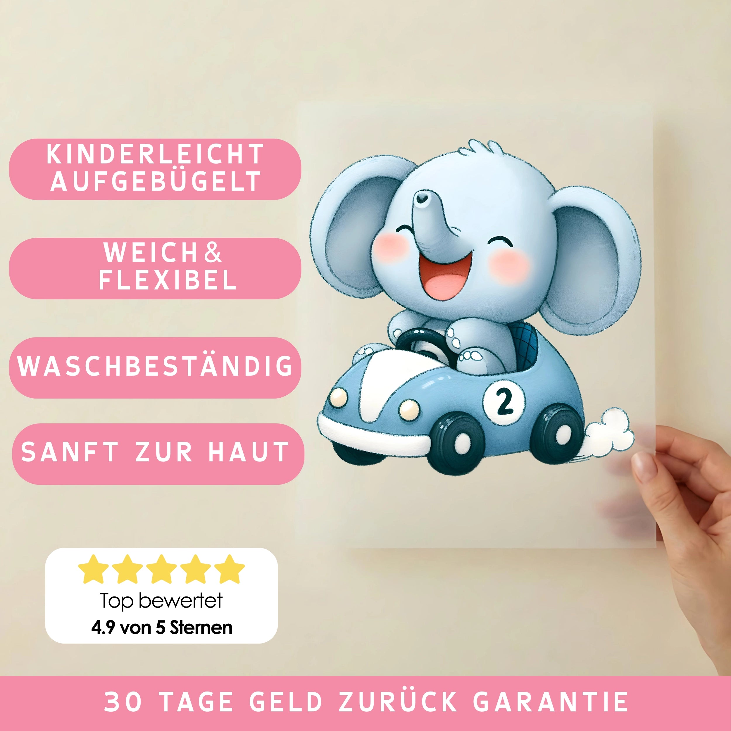 Bügelbild Rennfahrer Elefant