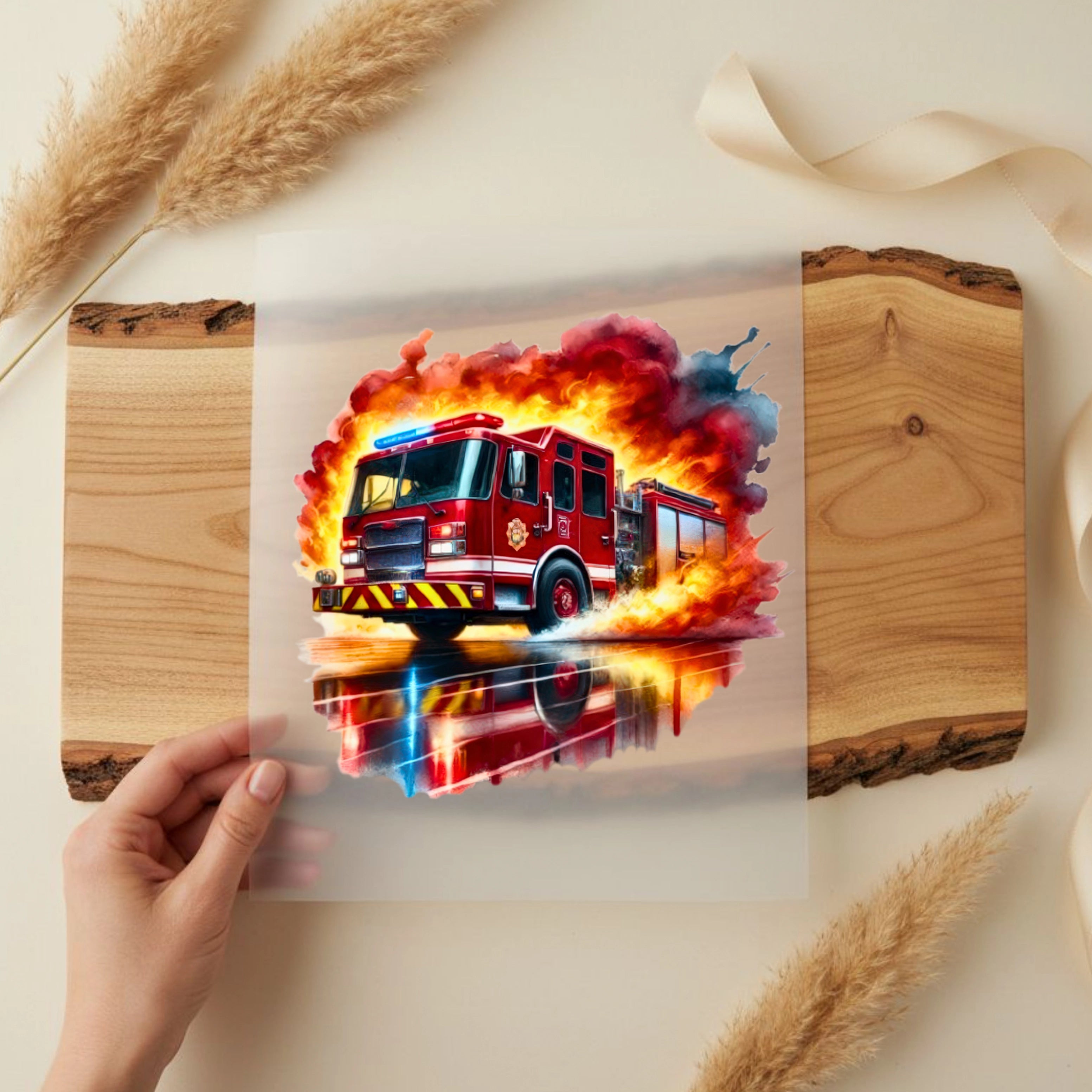 Bügelbild Blaulicht Feuerwehr im Flammeninferno