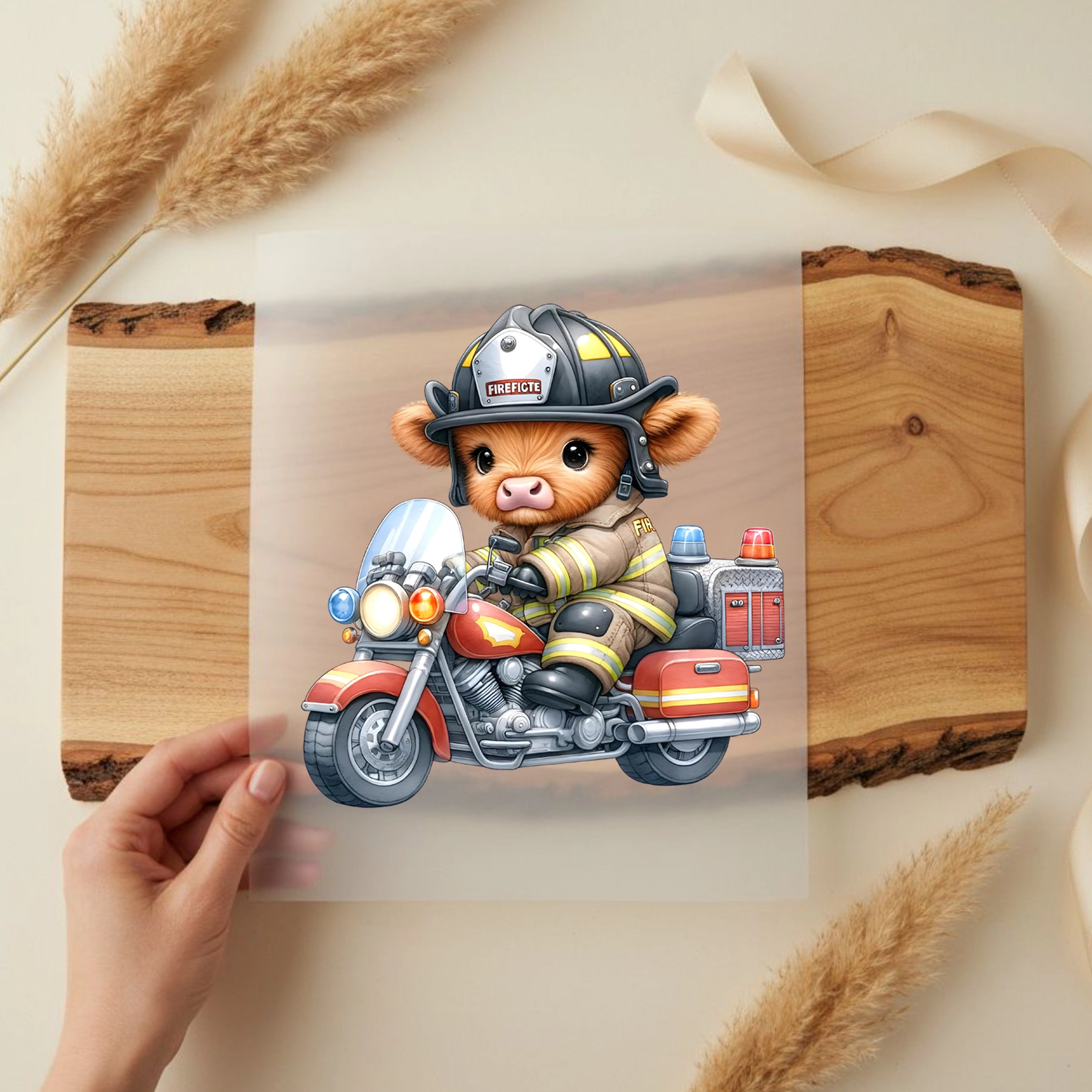 Bügelbild Feuerwehr Kuh Motorradheld