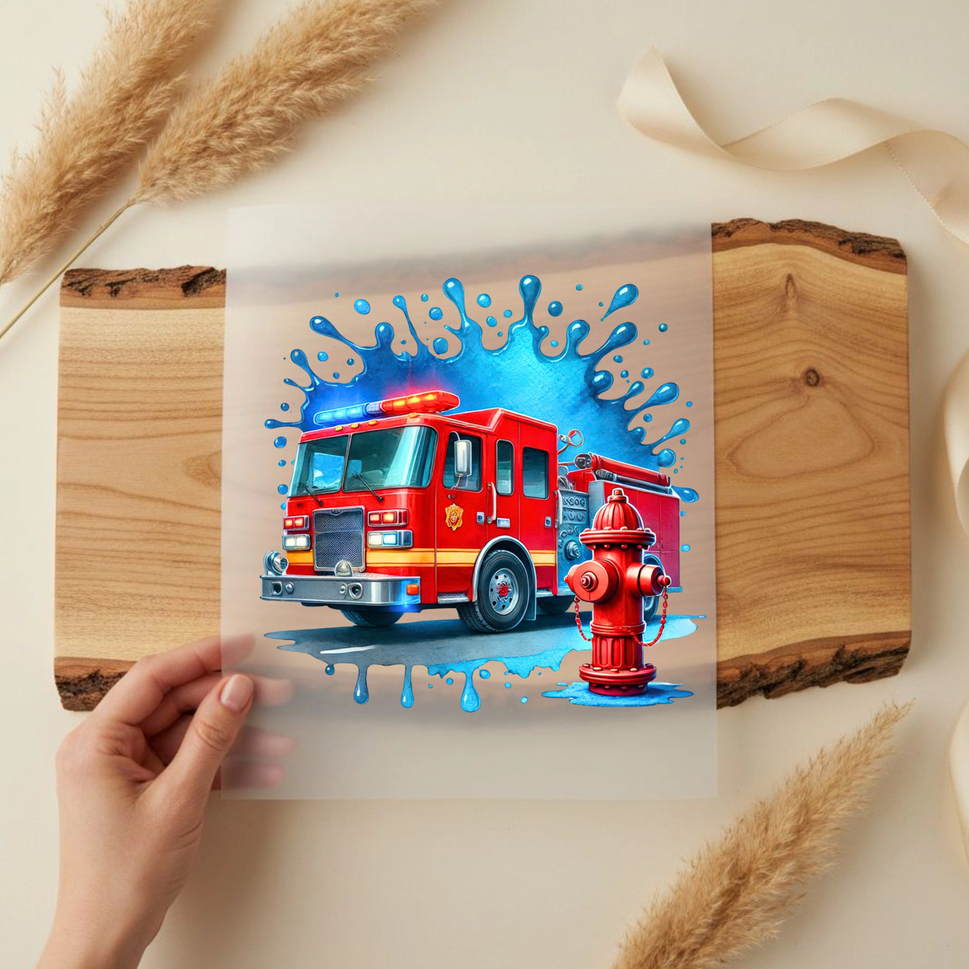 Bügelbild Feuerwehrwagen Wasser Splash