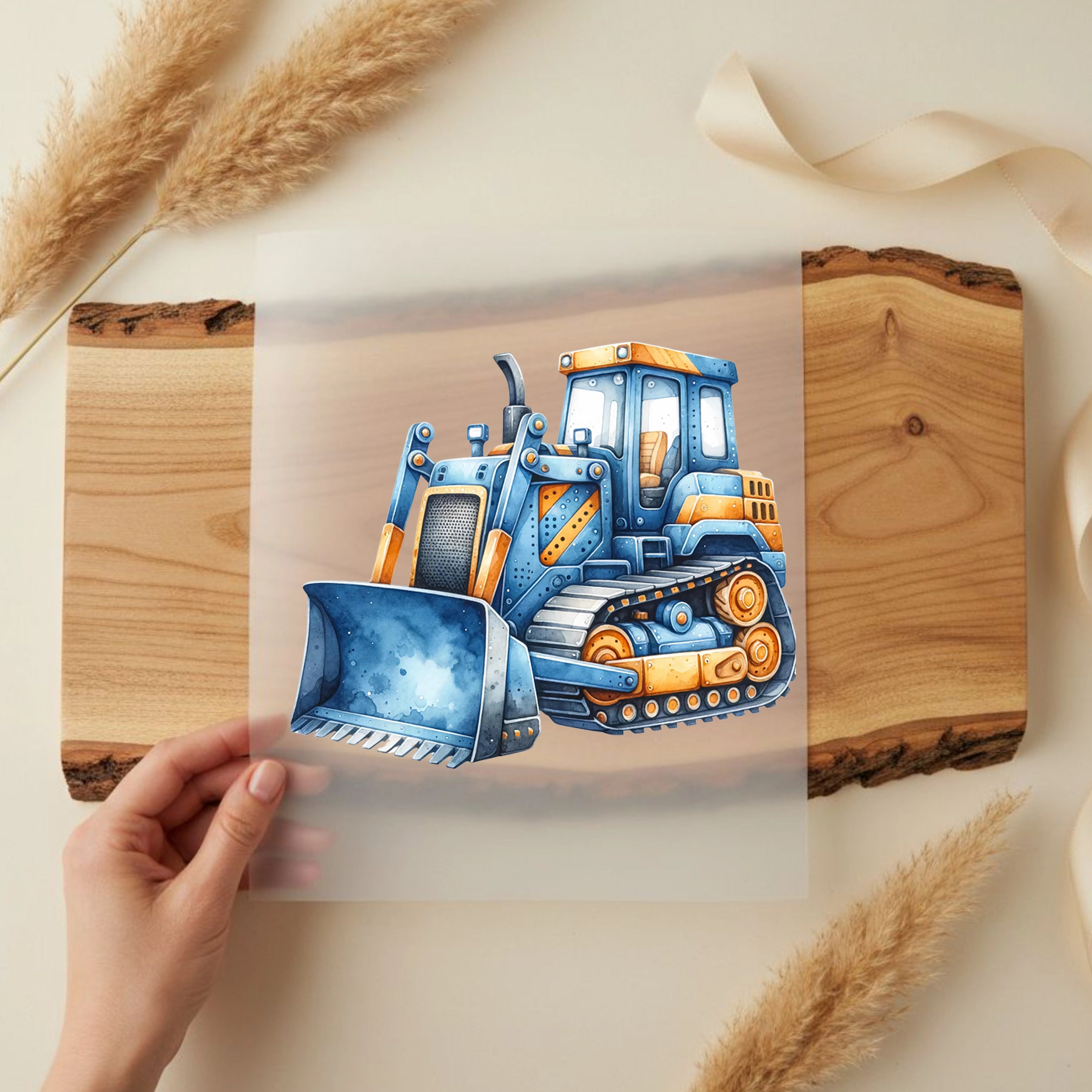 Bügelbild Baustellenheld in blau Bagger