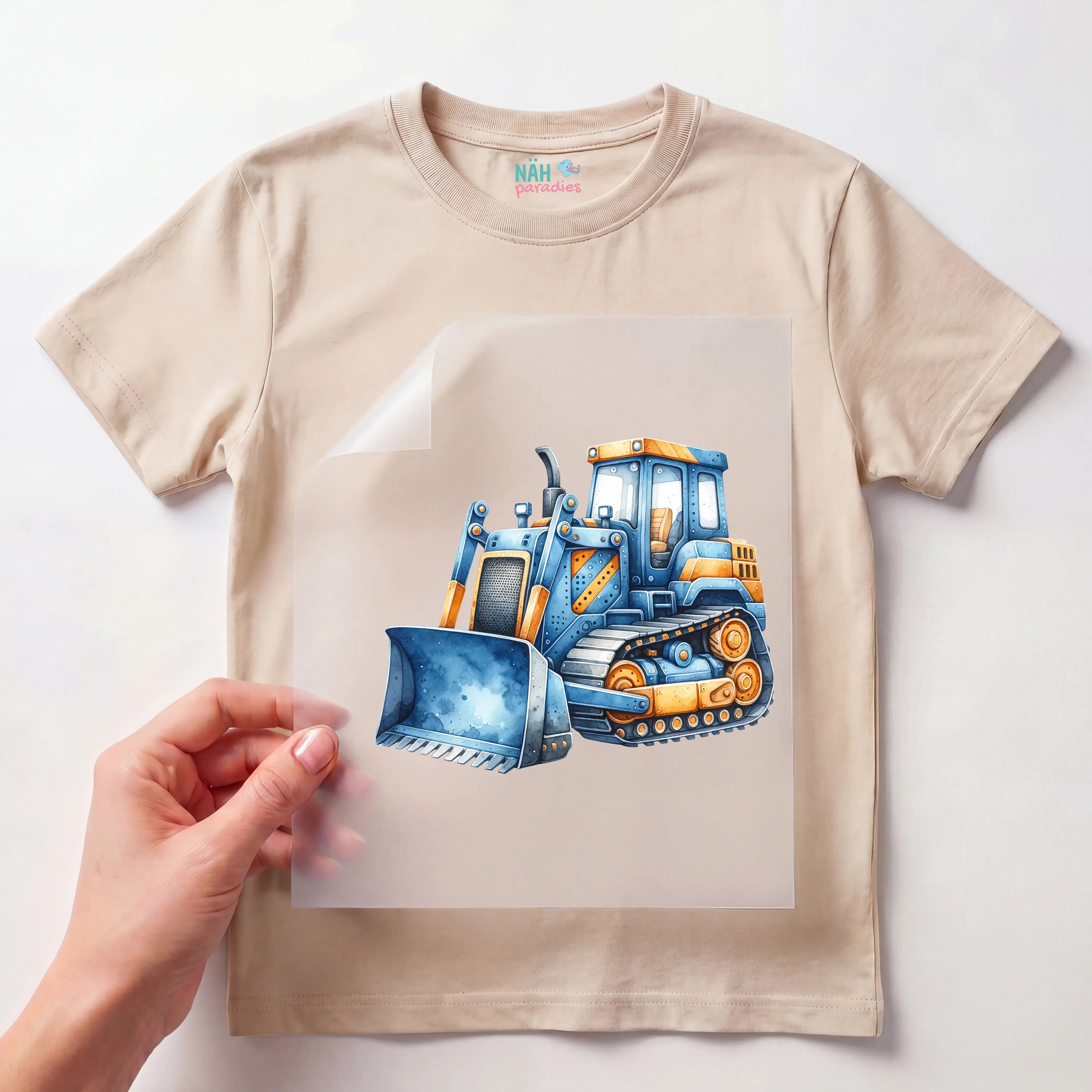 Bügelbild Baustellenheld in blau Bagger