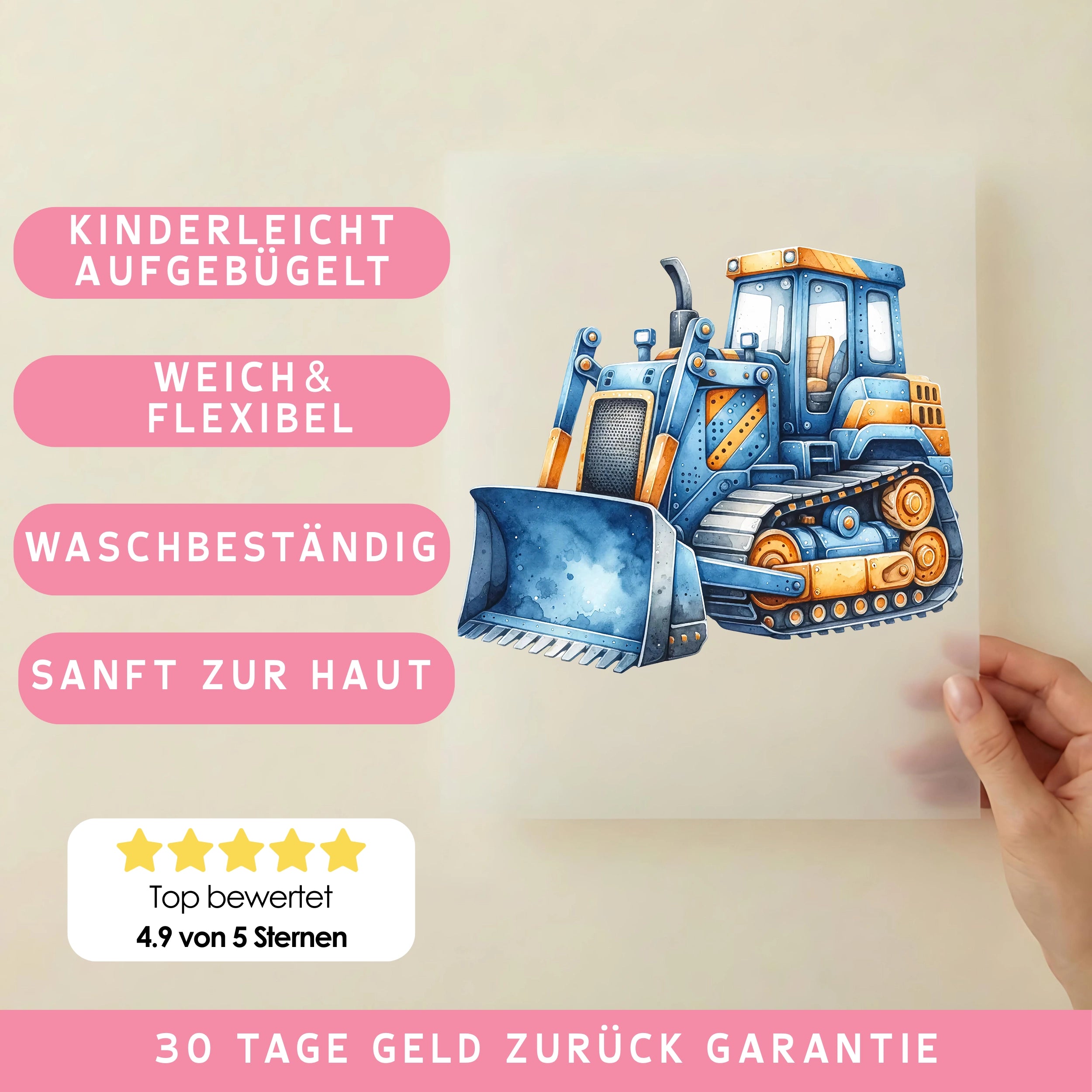 Bügelbild Baustellenheld in blau Bagger