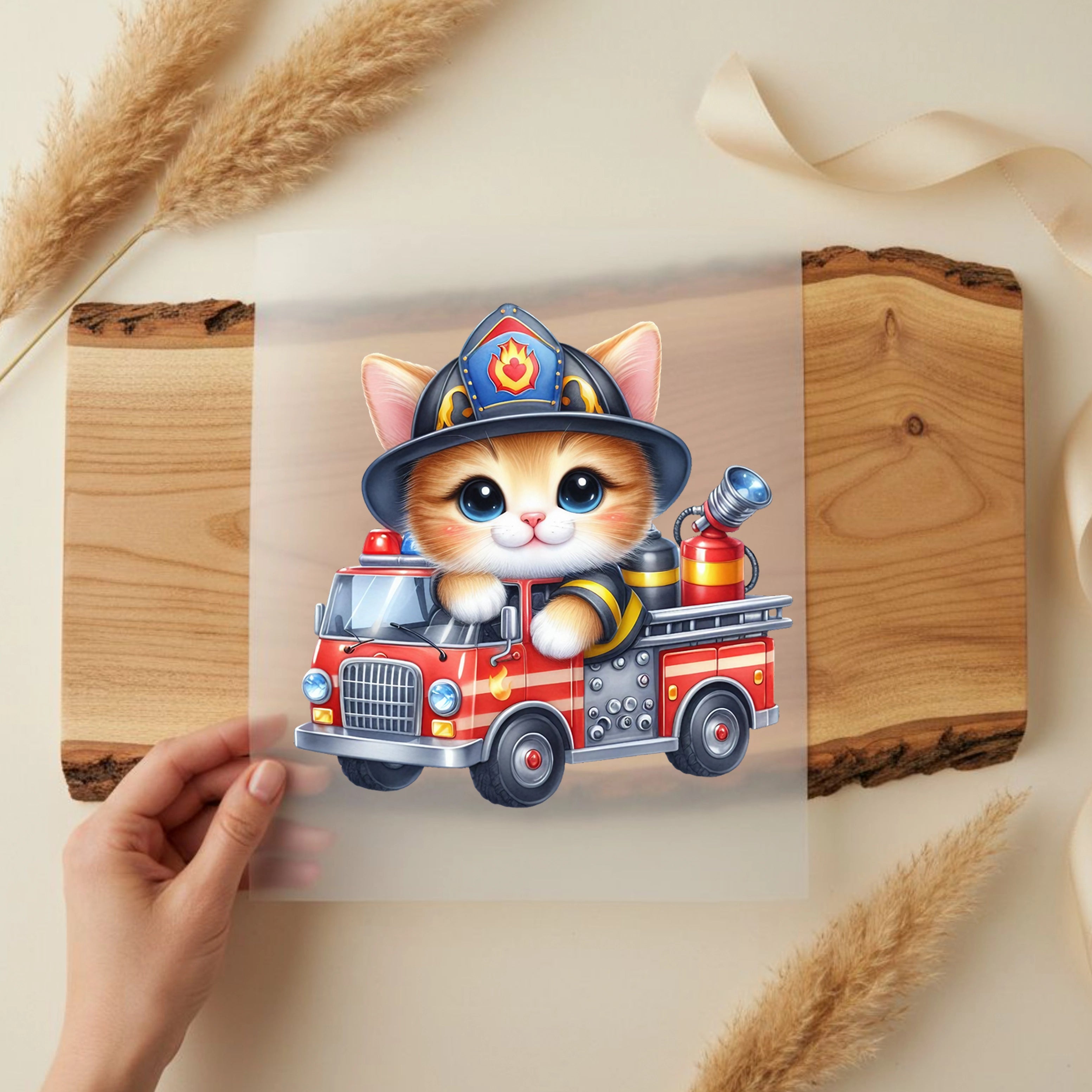 Bügelbild Feuerwehrauto Rettungskatze Finn