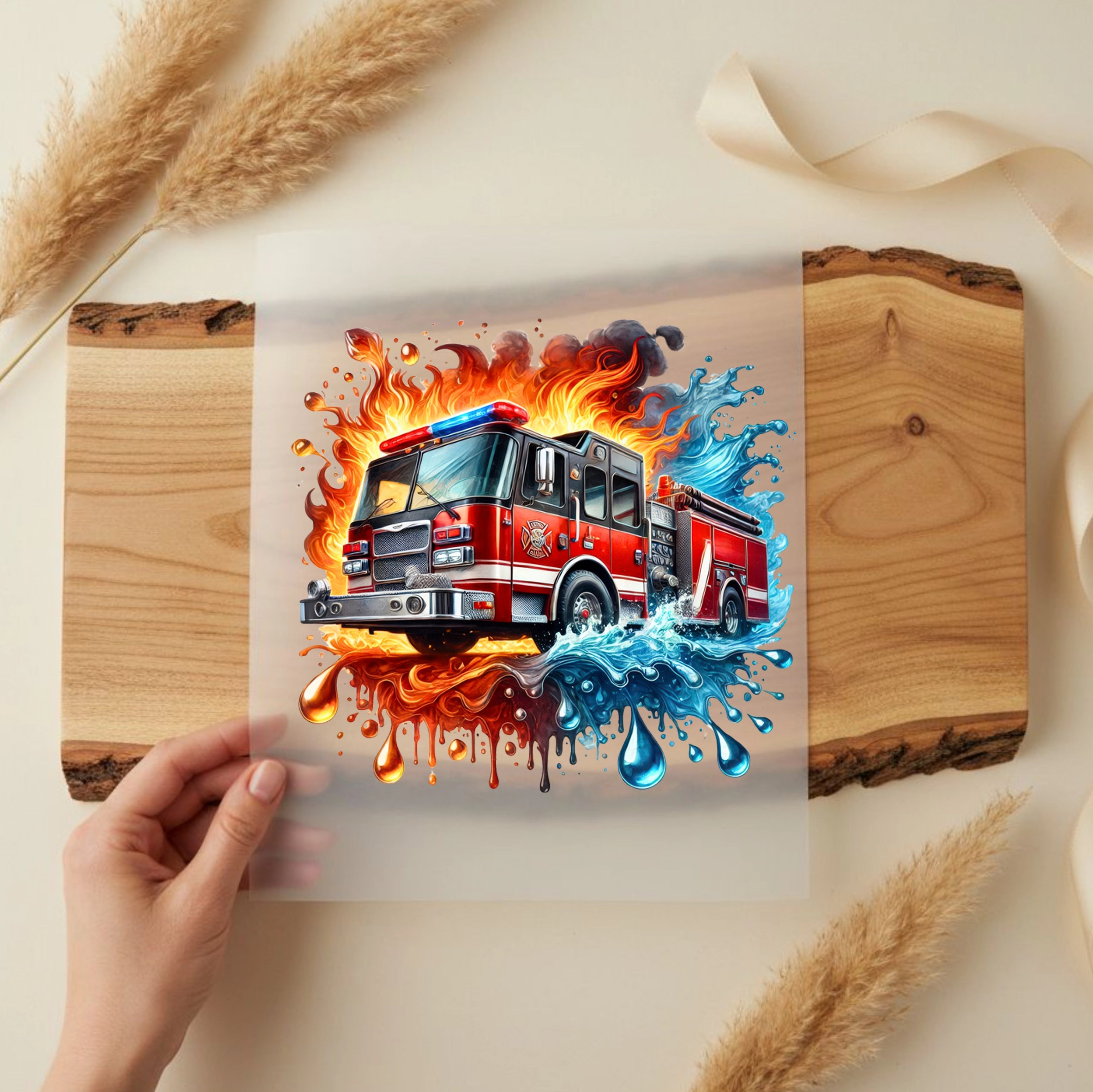 Bügelbild Feuerwehrwagen mit Flammen und Wasser