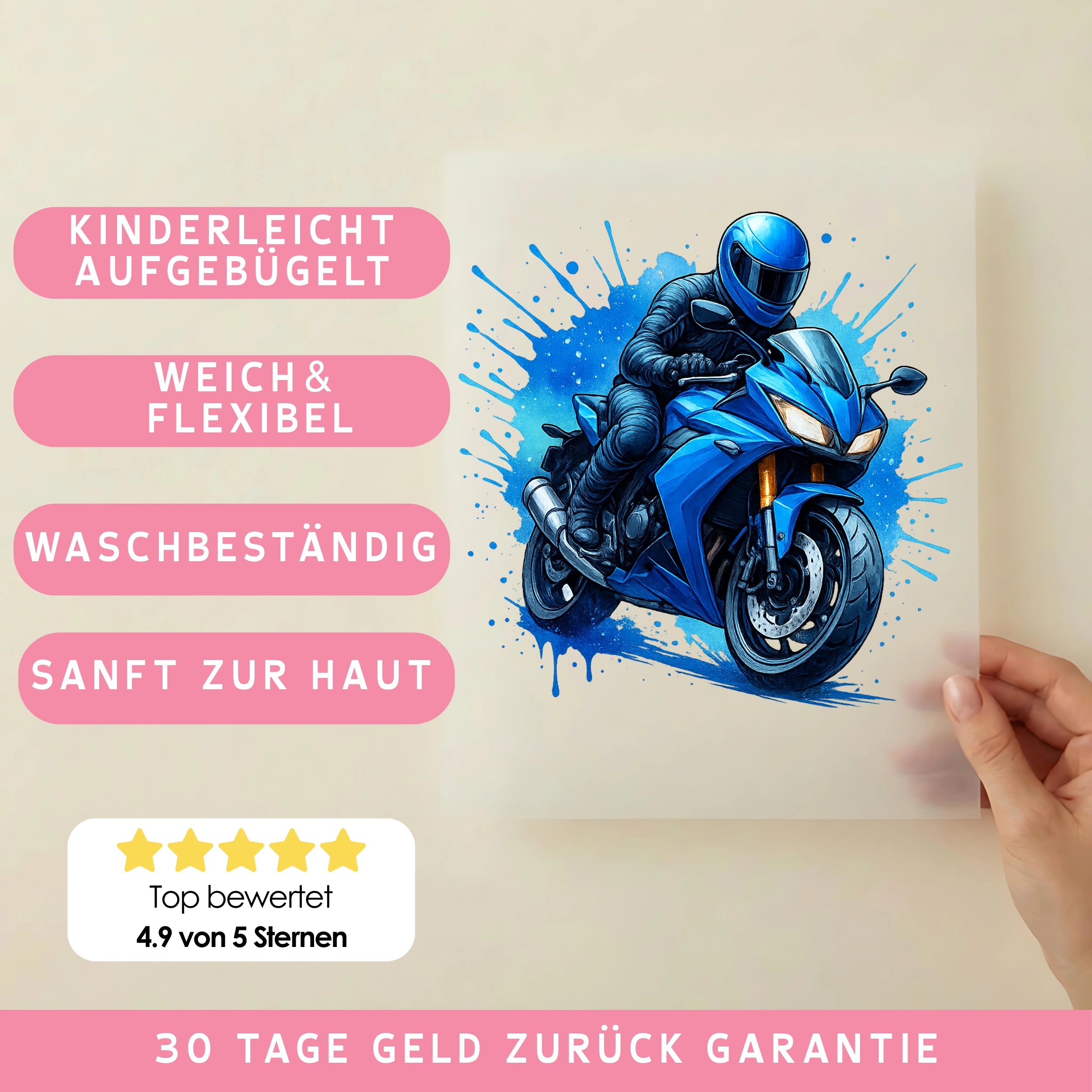 Bügelbild Motorrad Blauer Racer