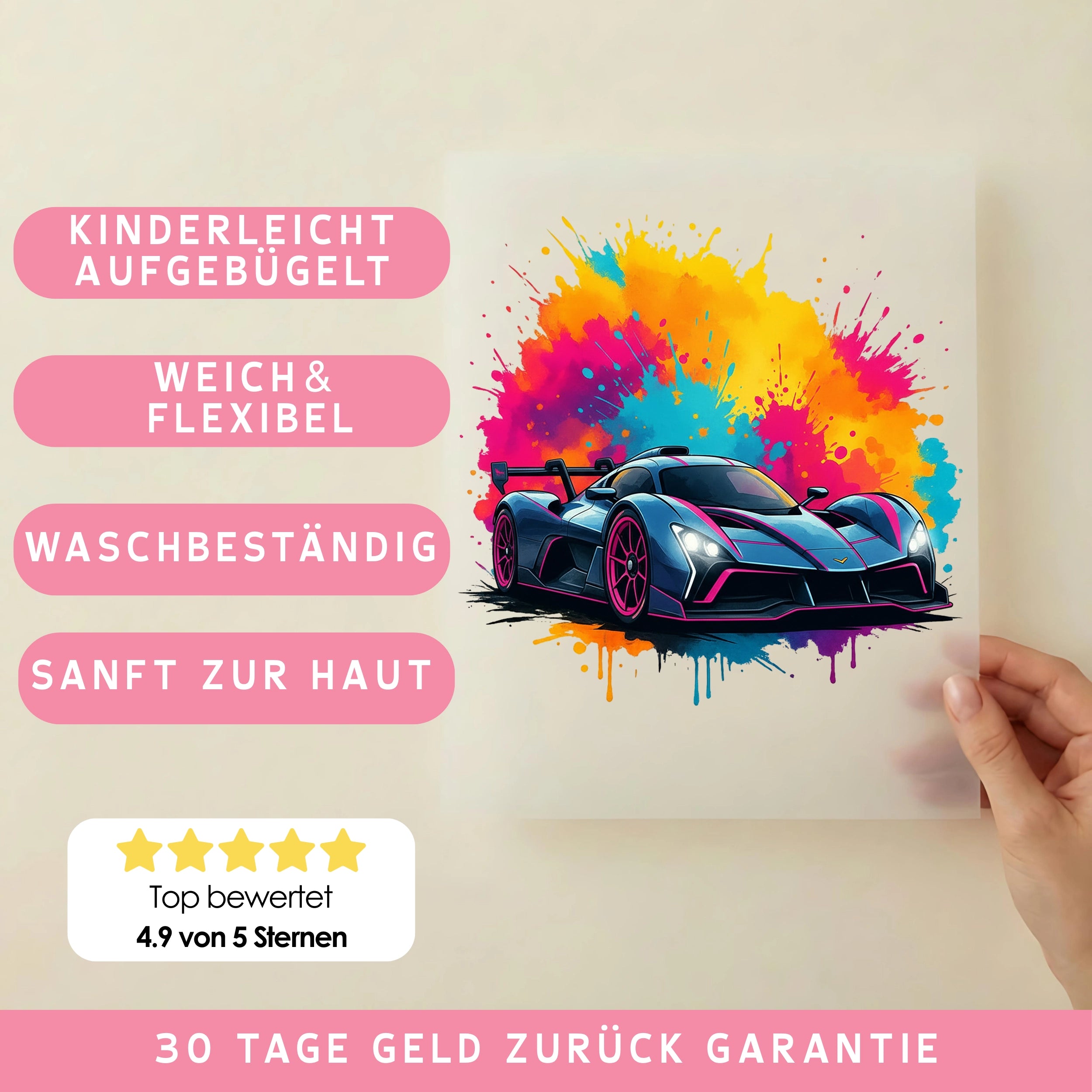 Bügelbild Sportwagen Farbsplash