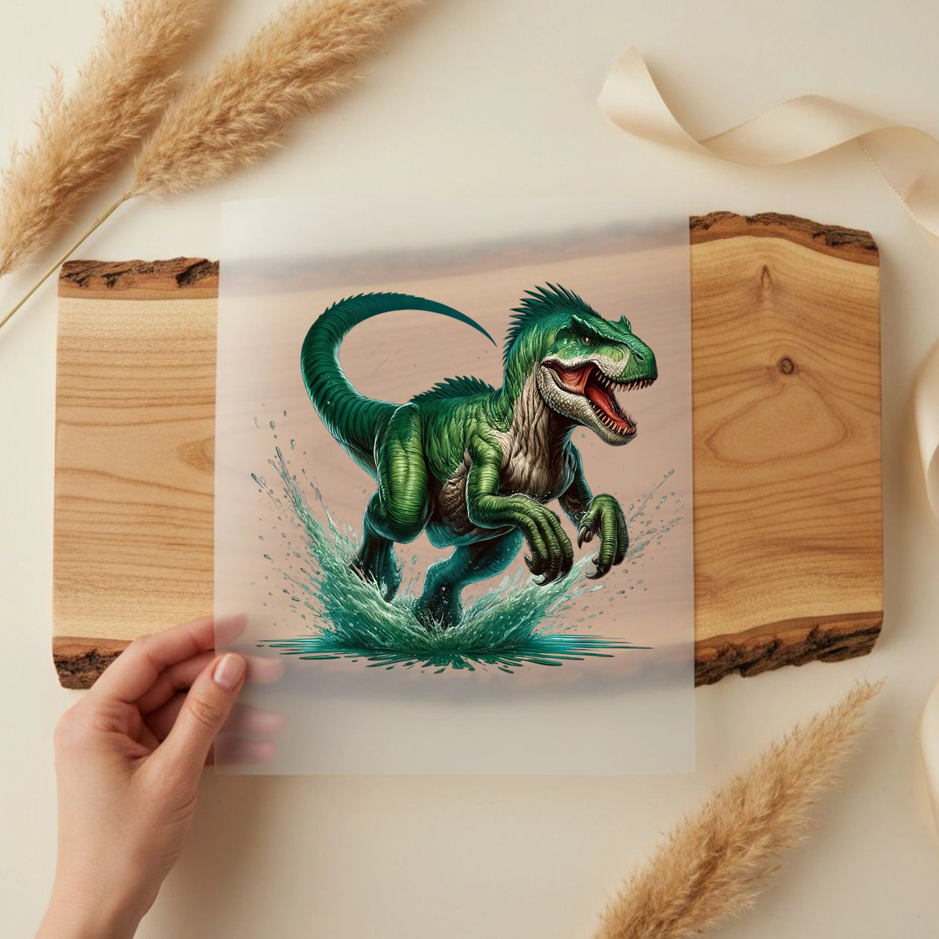 Bügelbild Dinosaurier T-Rex Grüner Erschrecker