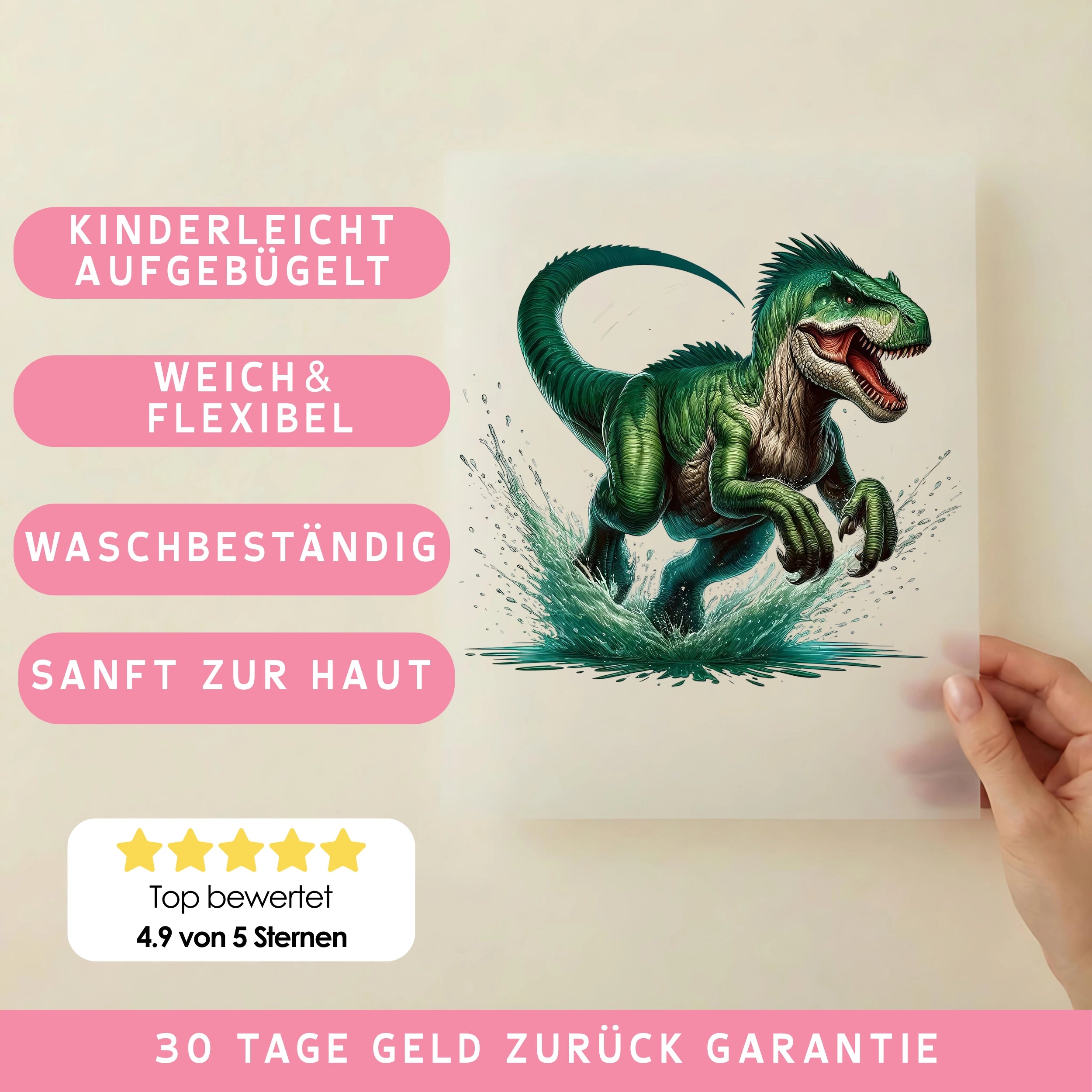 Bügelbild Dinosaurier T-Rex Grüner Erschrecker