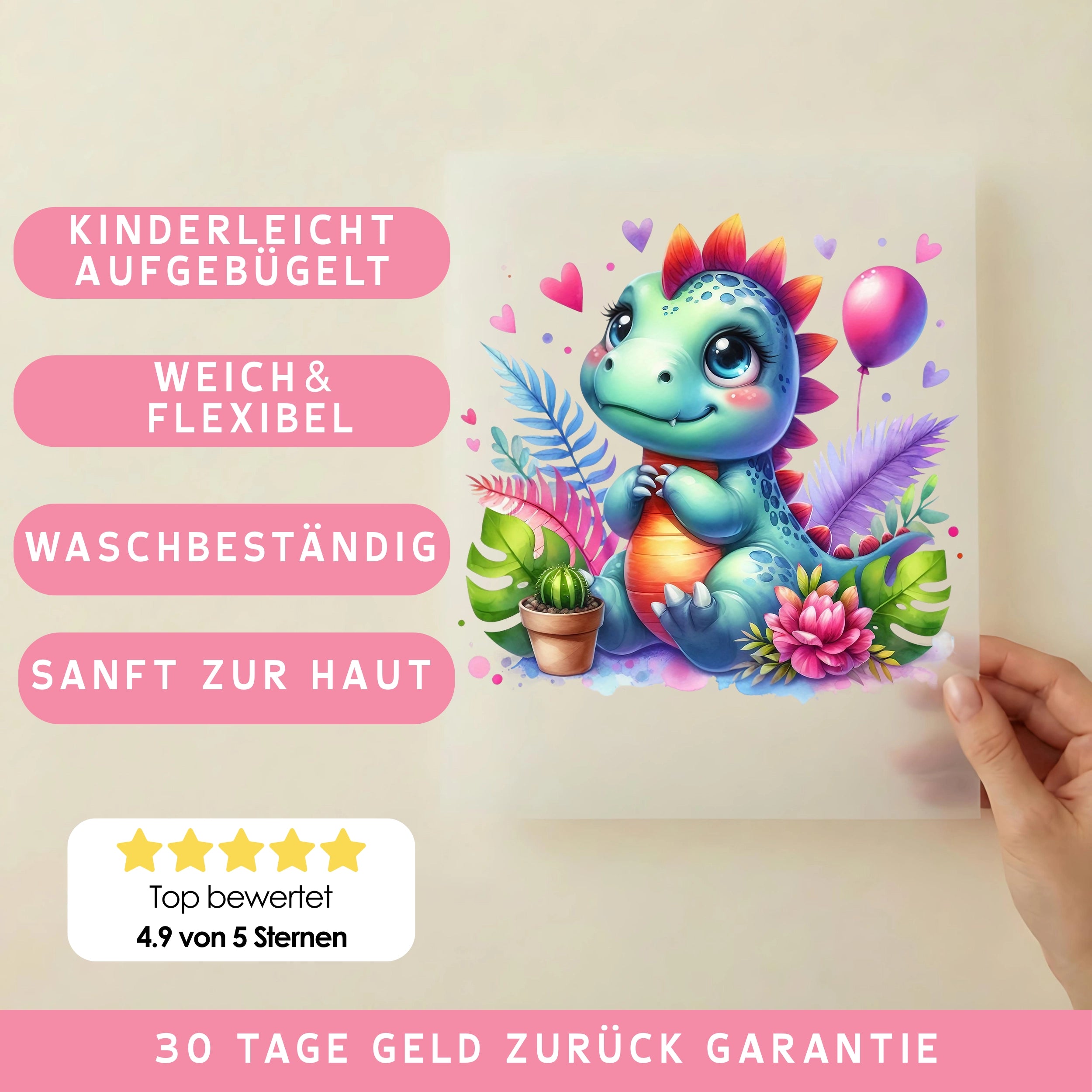 Bügelbild Dino Blumenglück