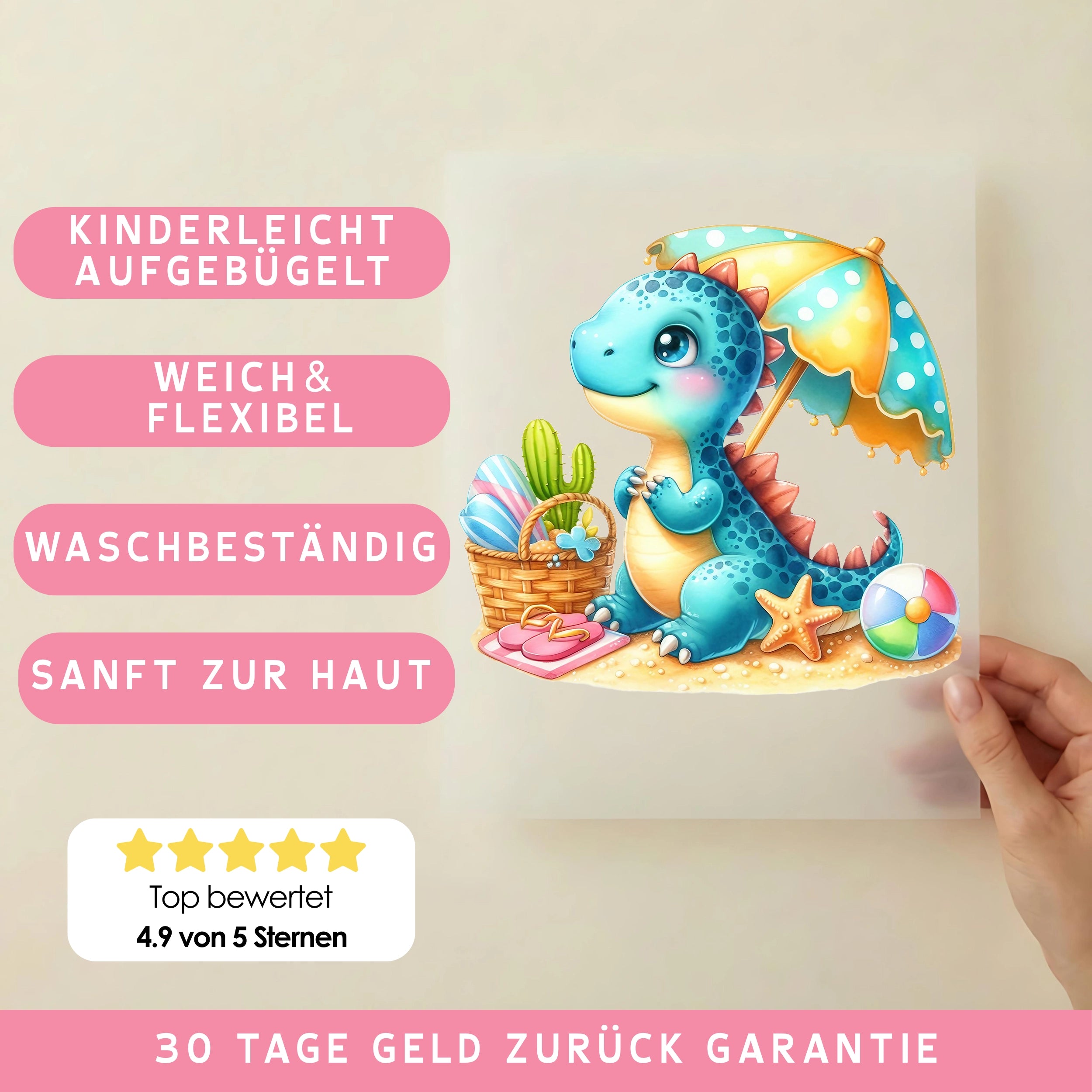 Bügelbild Dino Strandspaß