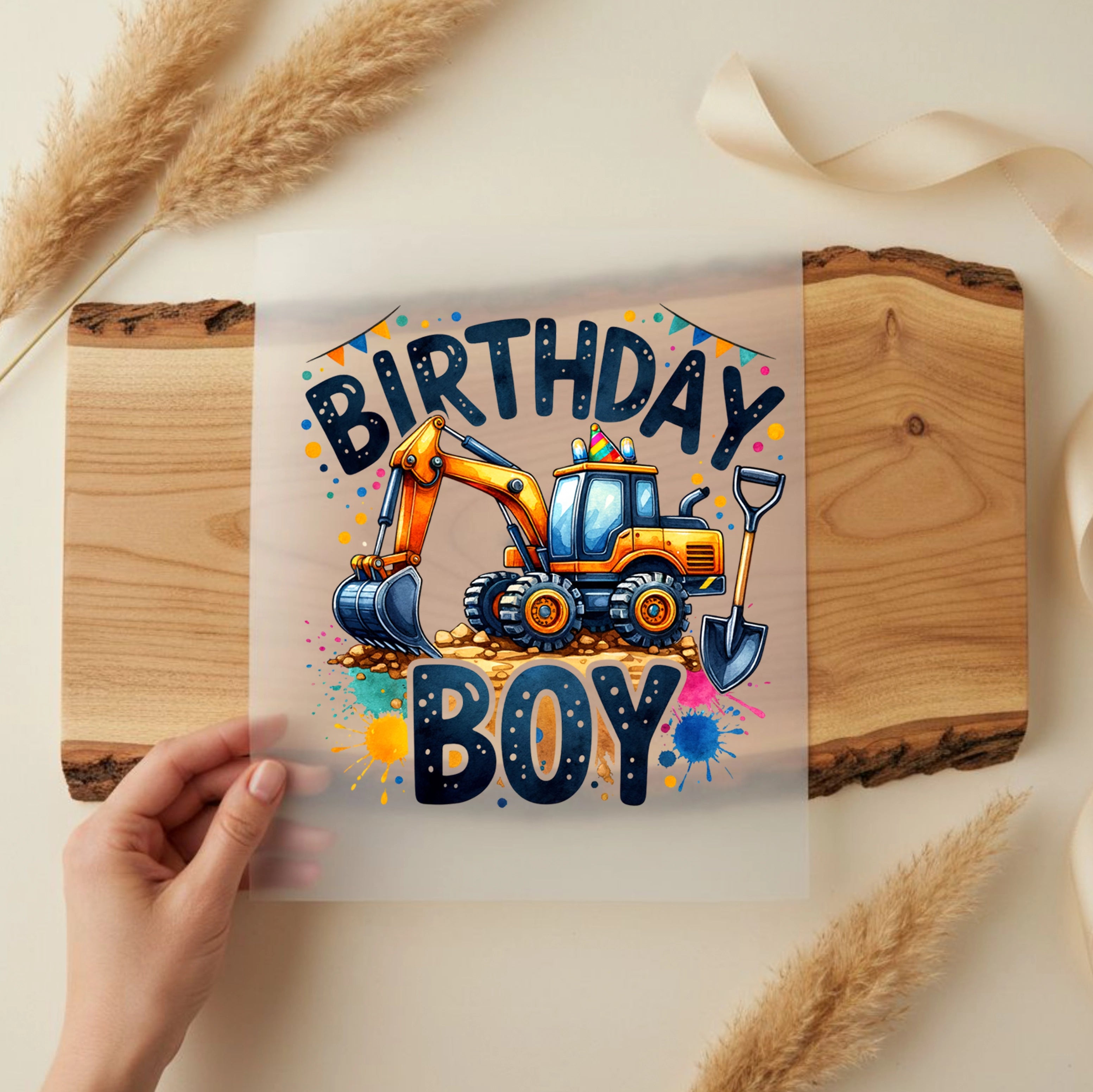 Bügelbild bunter Geburtstags Bagger