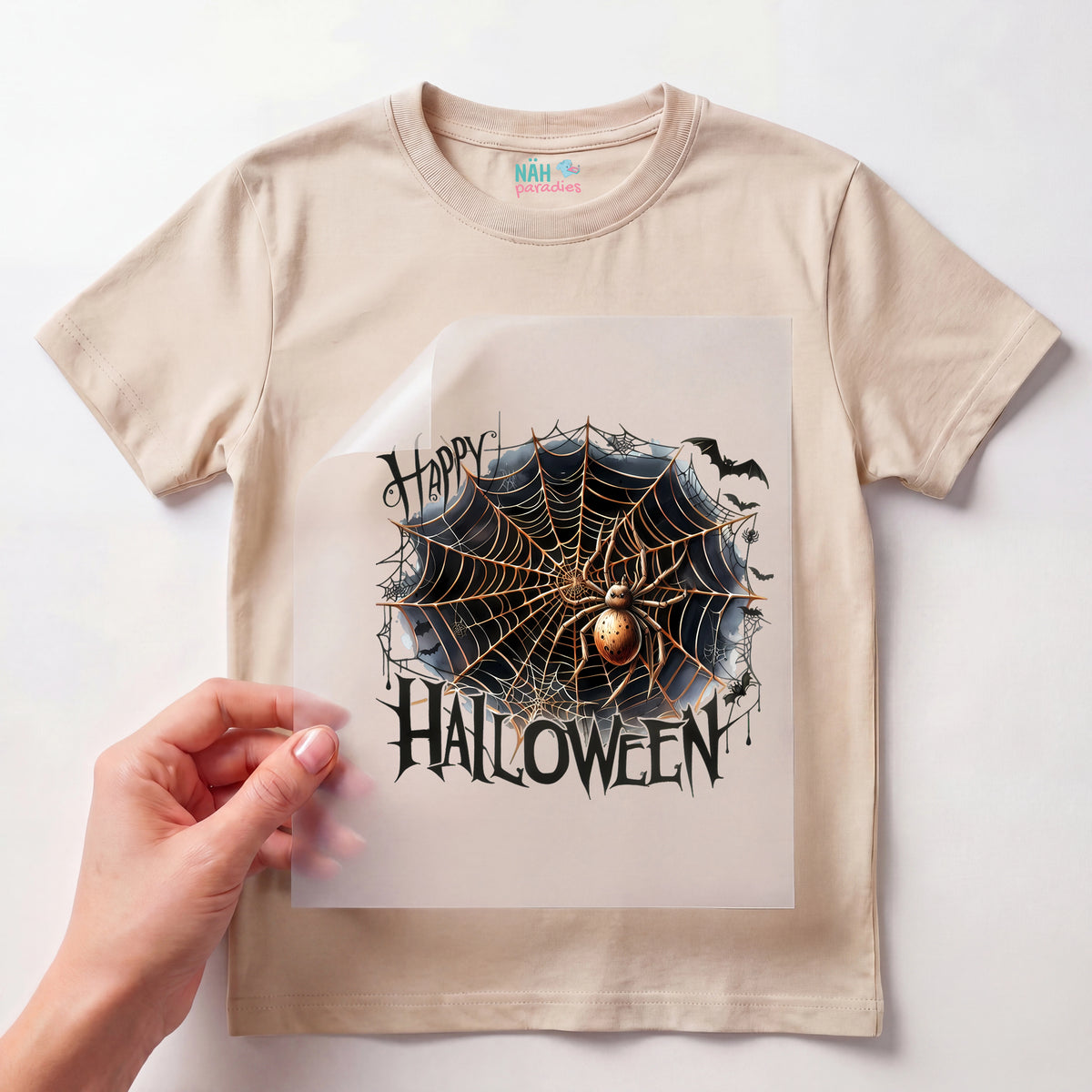 Bügelbild Happy Halloween Spinnennetz