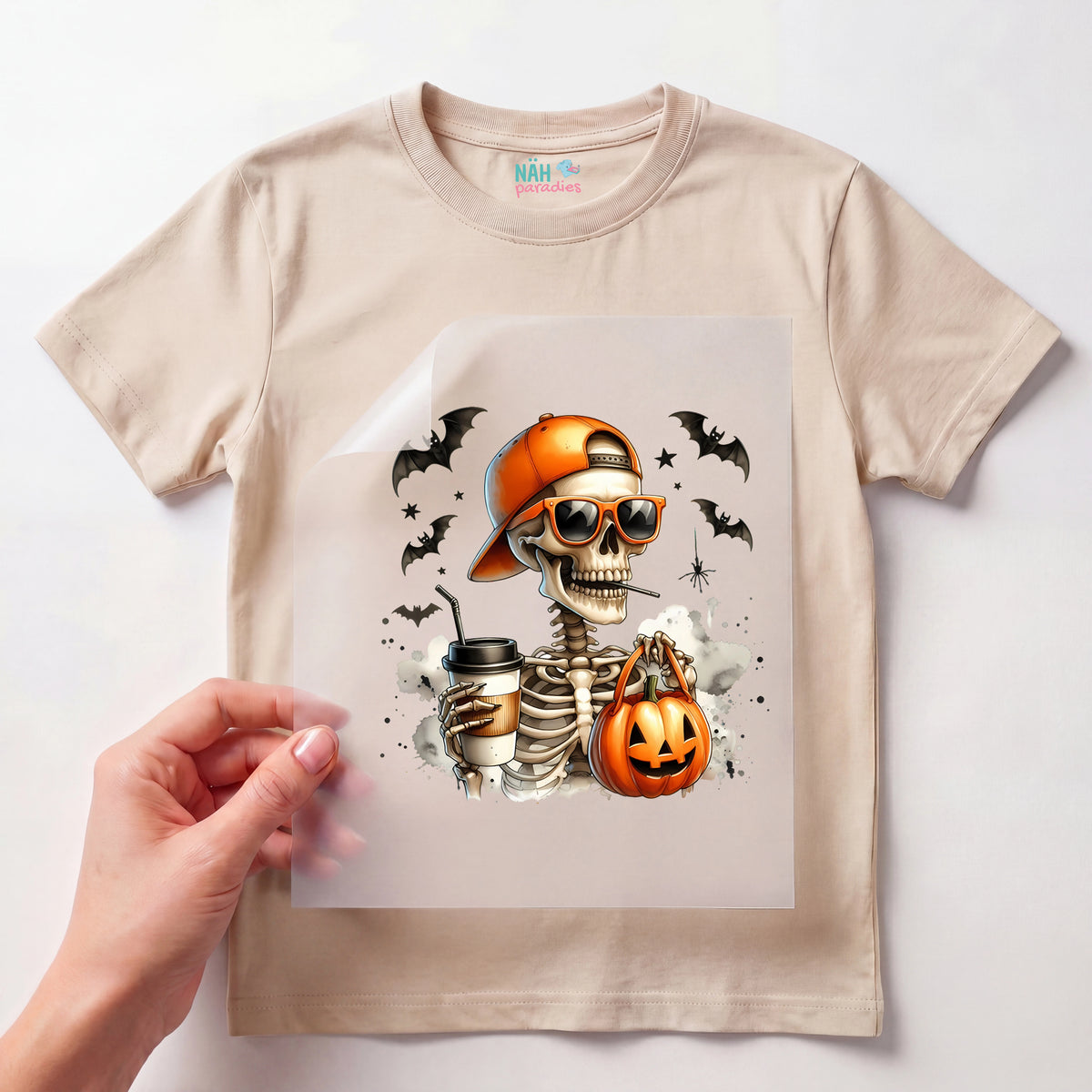 Bügelbild Coffee Skelett Johny