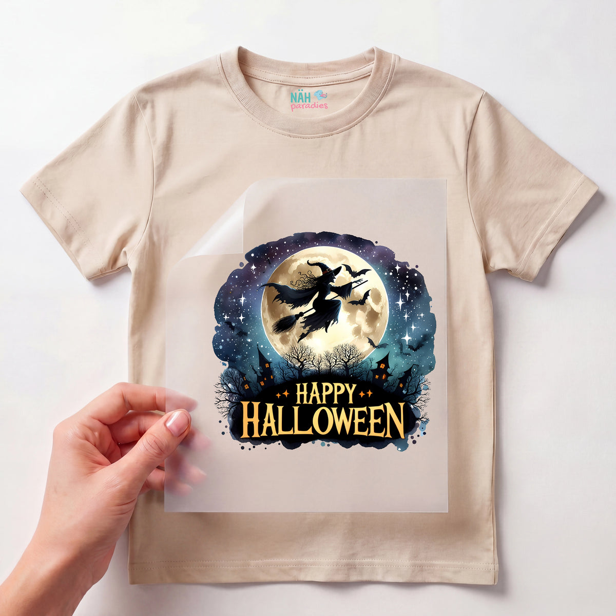 Bügelbild Halloween Hexe Vollmondflug