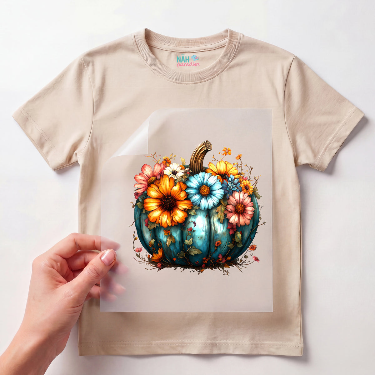 Bügelbild Blauer Blumen Kürbis