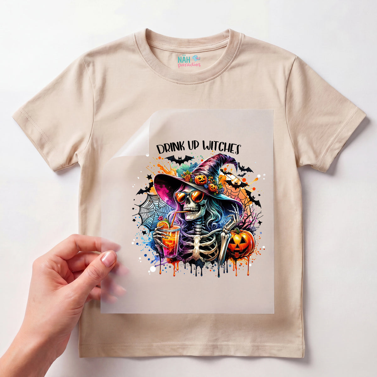 Bügelbild Drink up Witches Skelett