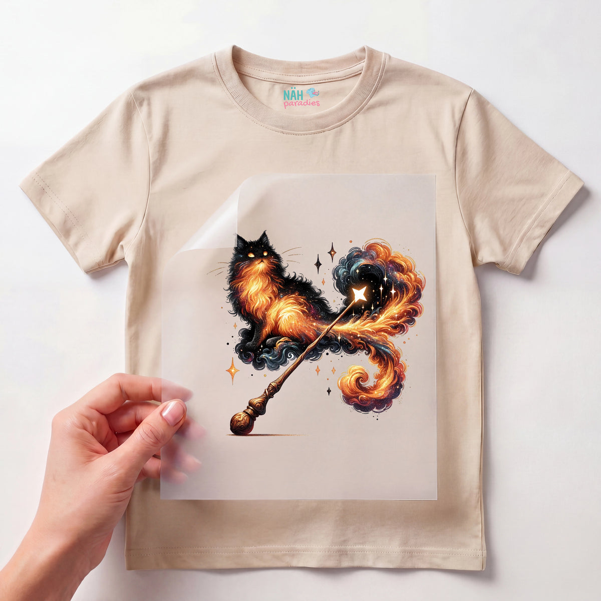 Bügelbild Flammenfell Katze Zauberstab
