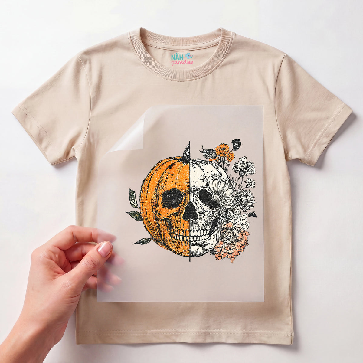 Bügelbild Kürbis Skull Flower