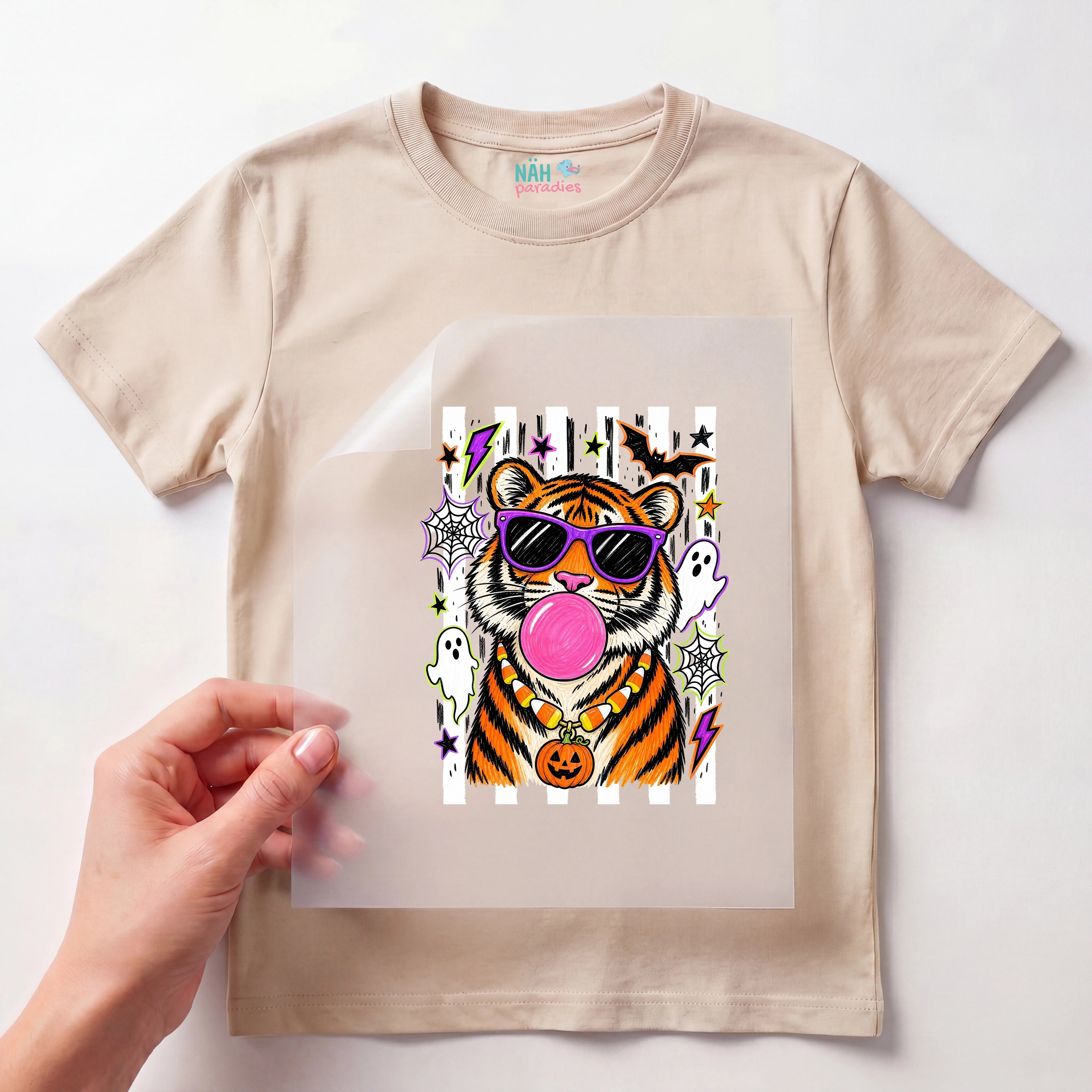 Bügelbild Tiger mit Kaugummi