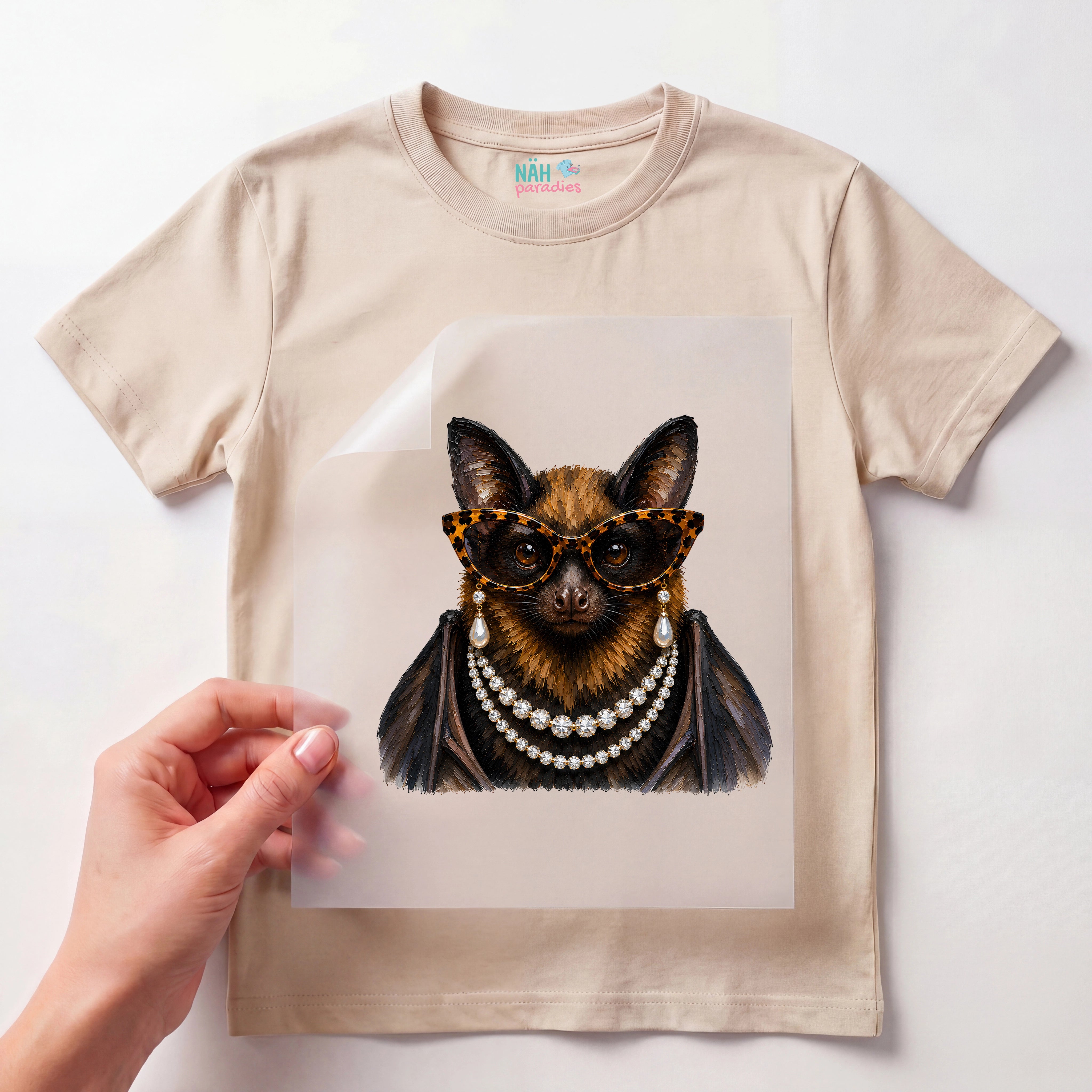 Bügelbild Fledermaus mit Perlenkette