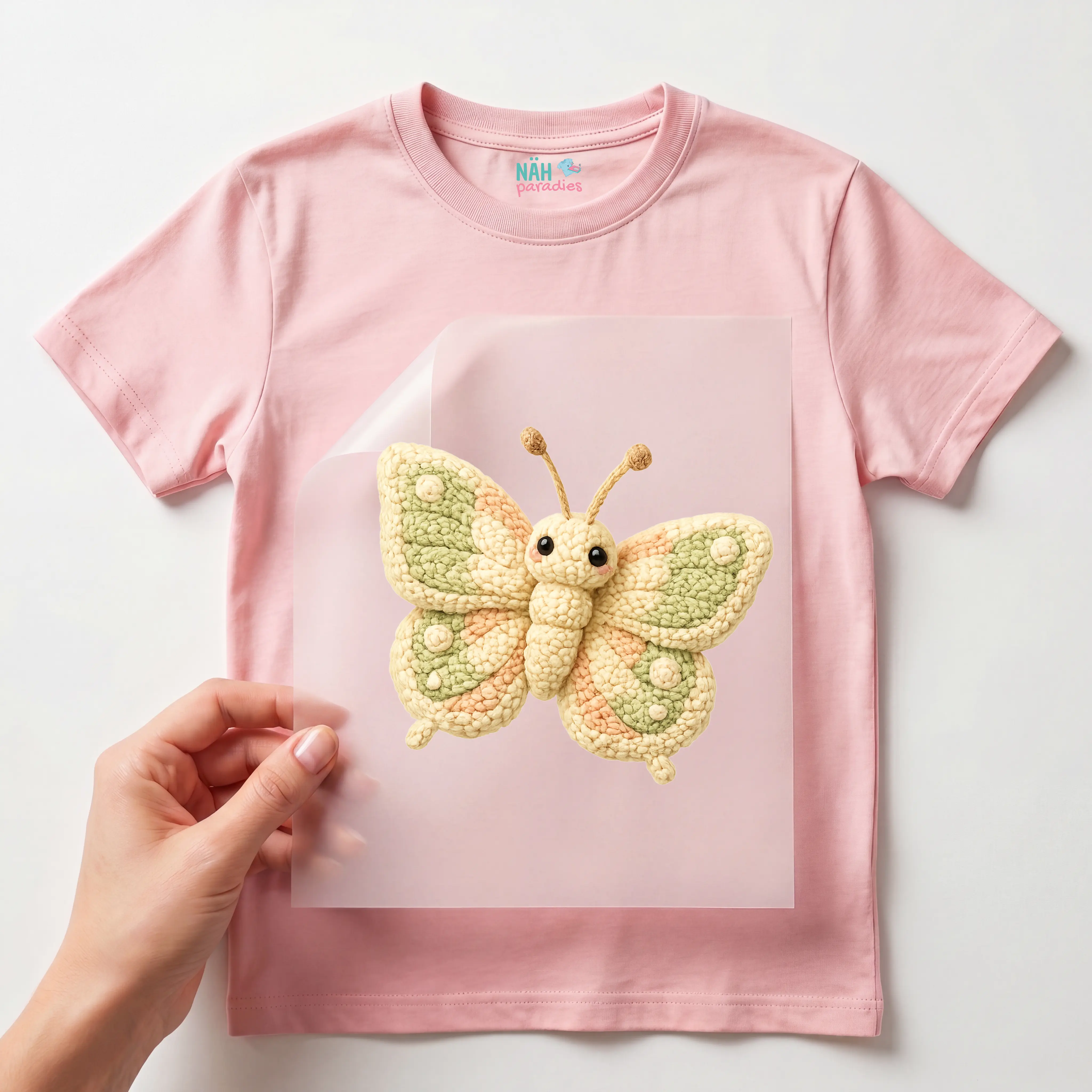 Bügelbild Schmetterling Häkeloptik Beige-Grün